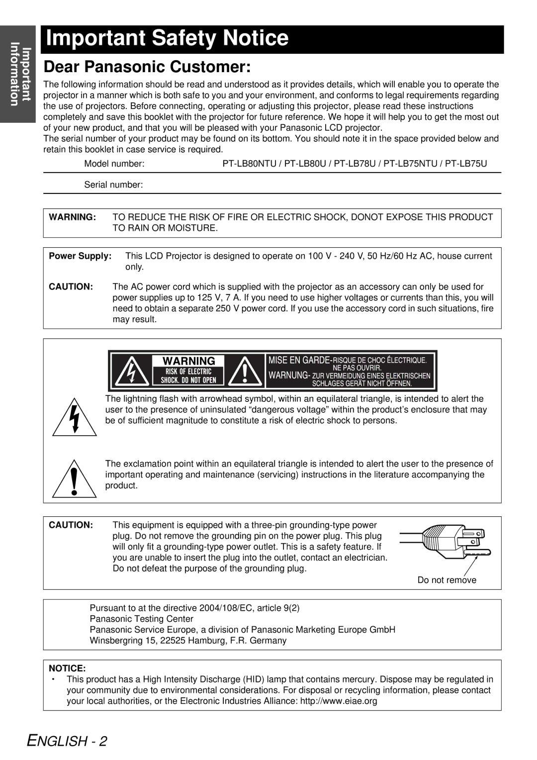 Panasonic PT-LB78U manual Important Safety Notice, Important Information, Model number 