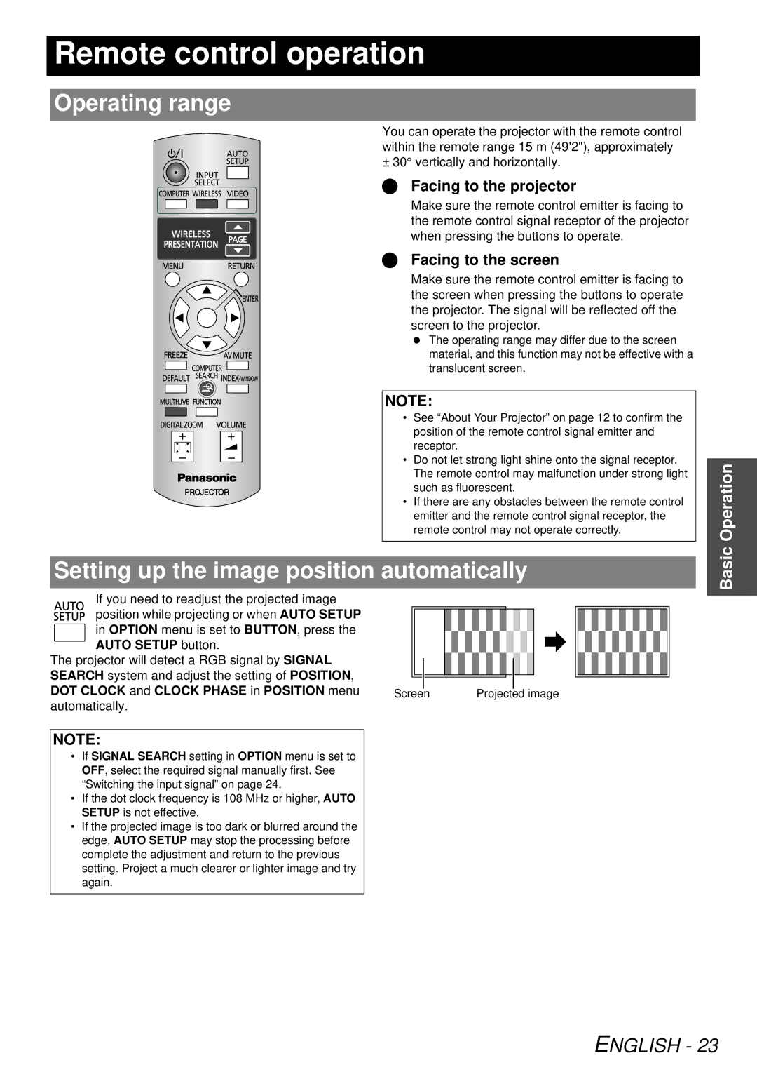 Panasonic PT-LB78U manual Remote control operation, Operating range, Setting up the image position automatically 