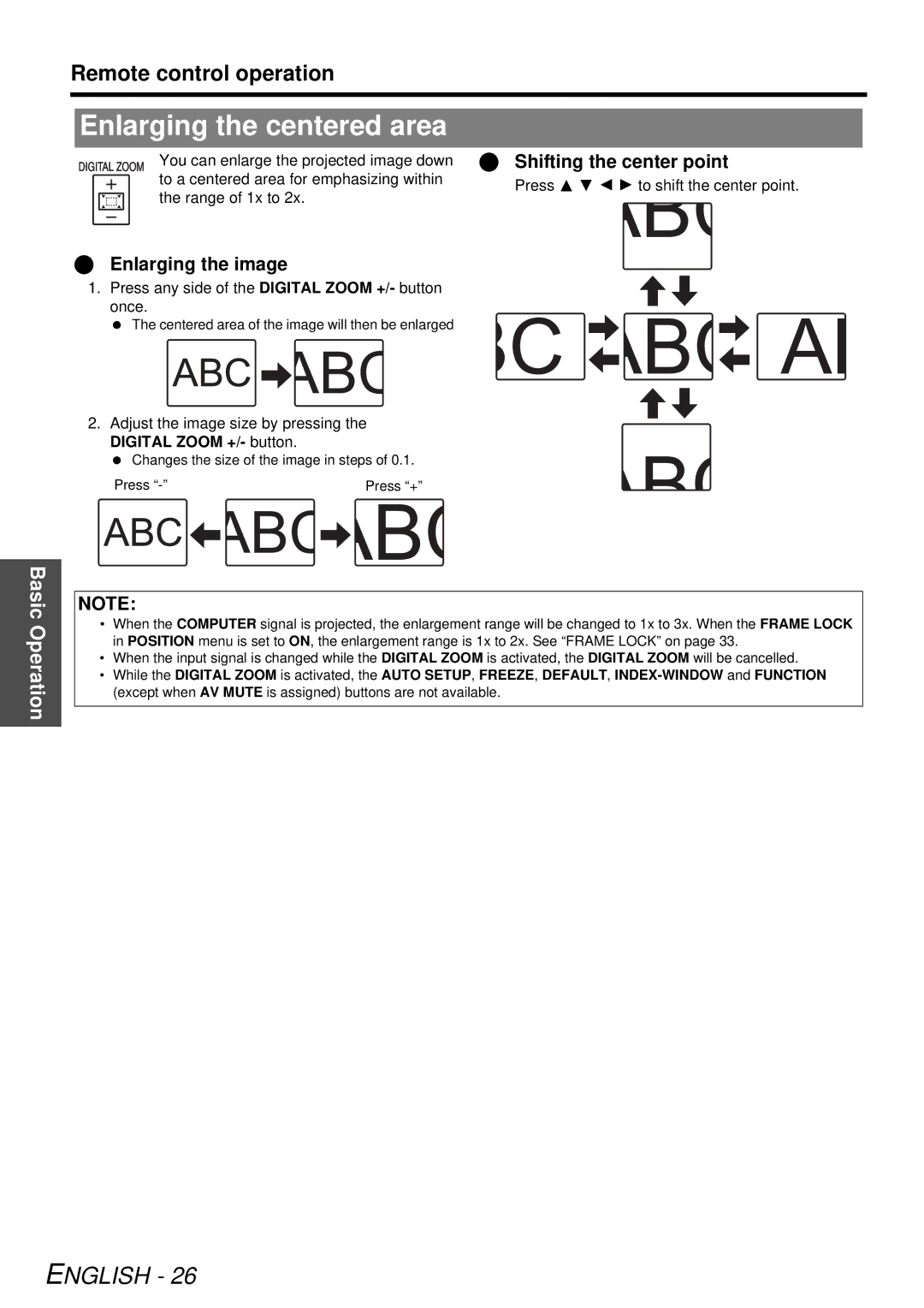 Panasonic PT-LB78U manual Enlarging the centered area, Enlarging the image, Shifting the center point 