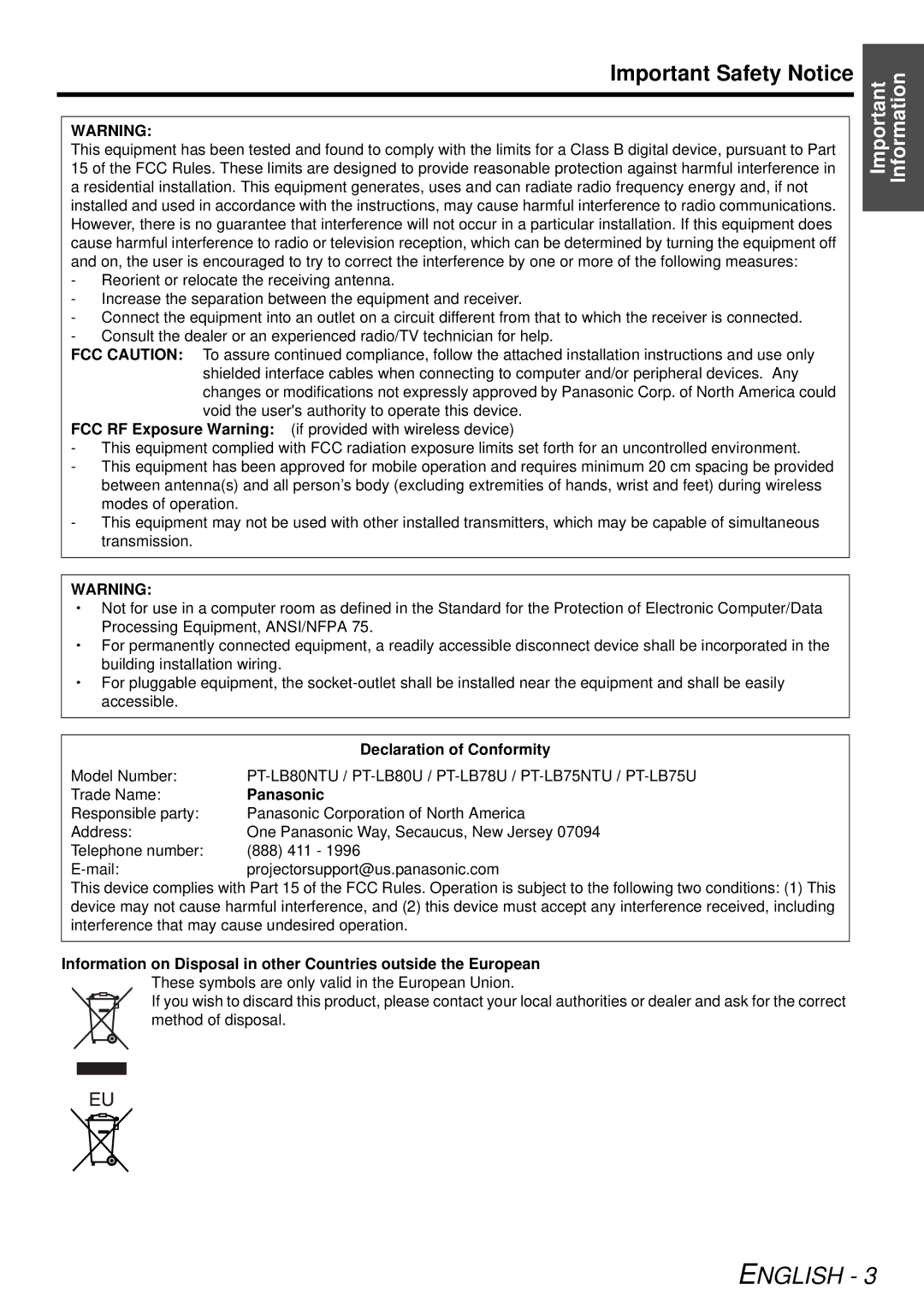 Panasonic PT-LB78U manual Important Safety Notice, Declaration of Conformity, Panasonic 