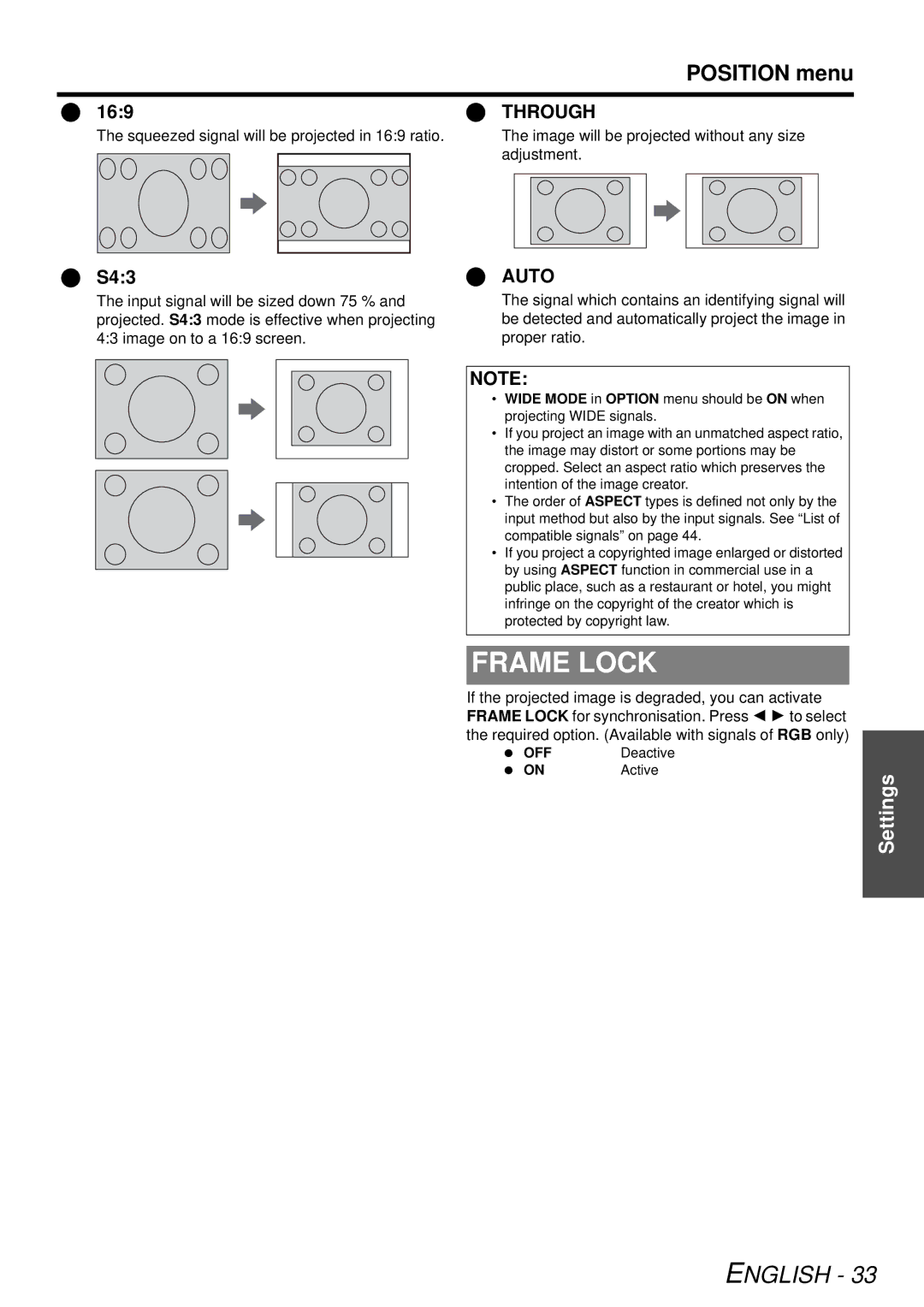 Panasonic PT-LB78U manual Frame Lock, Position menu, 169, S43 