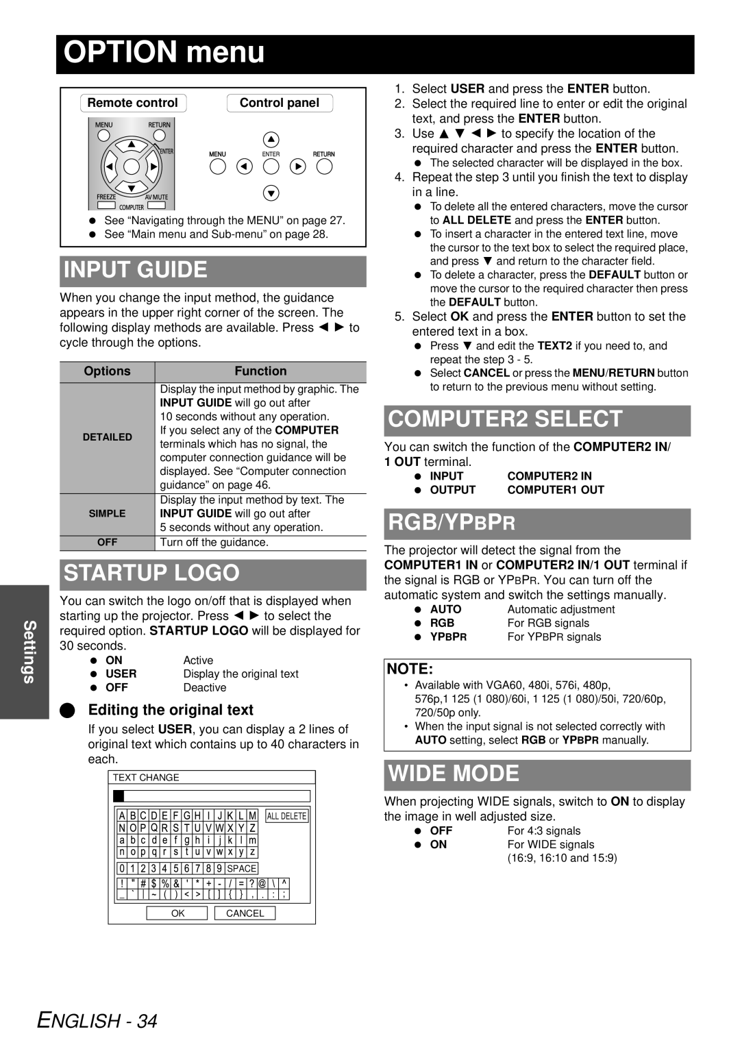 Panasonic PT-LB78U manual Option menu 