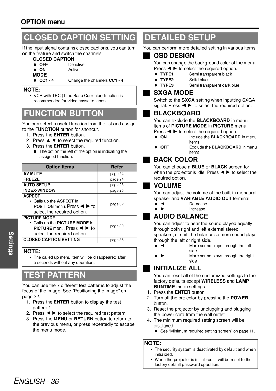 Panasonic PT-LB78U Closed Caption Setting, Function Button, Test Pattern, Option items Refer, Select the required option 