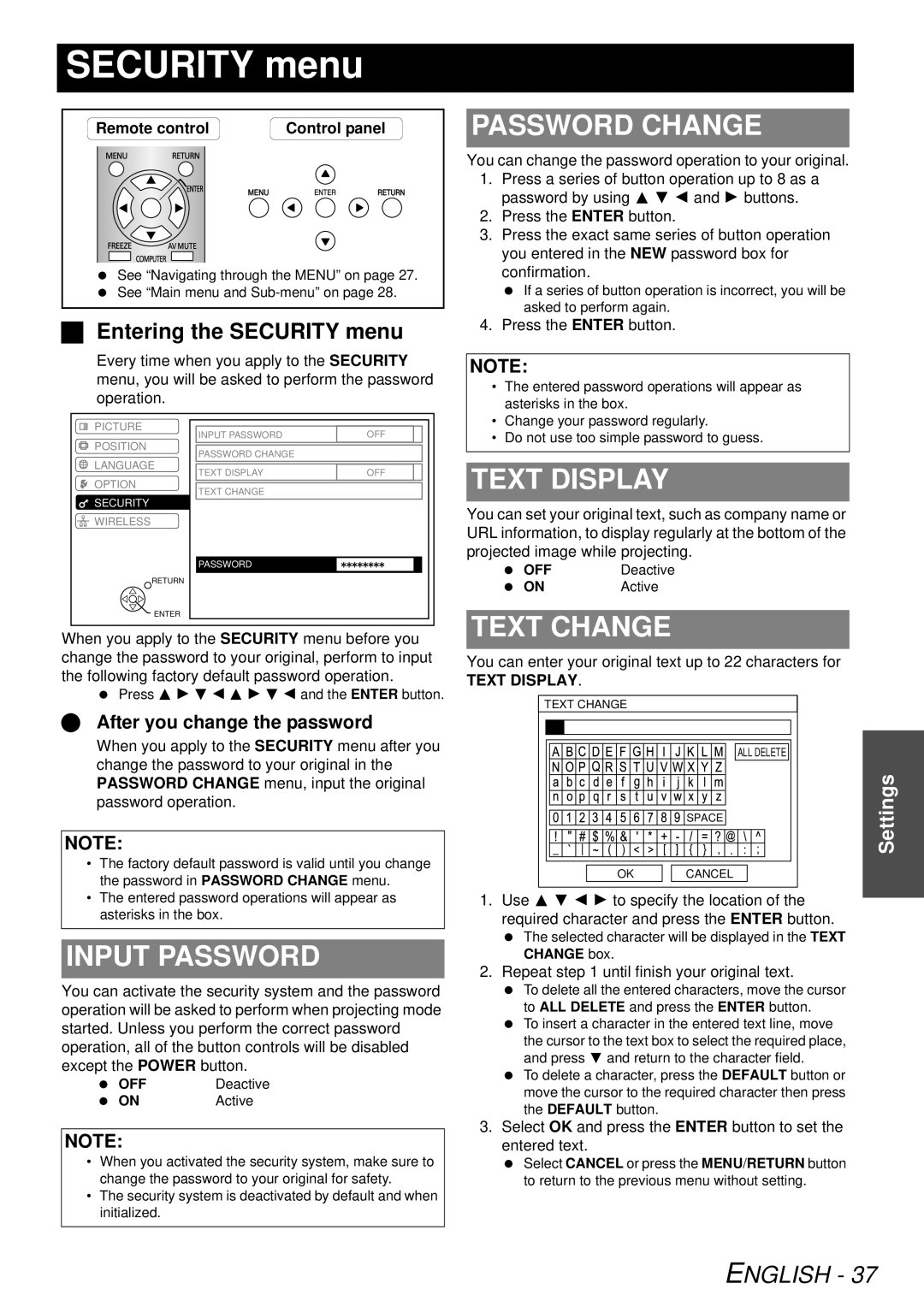 Panasonic PT-LB78U manual Security menu, Password Change, Input Password, Text Display, Text Change 