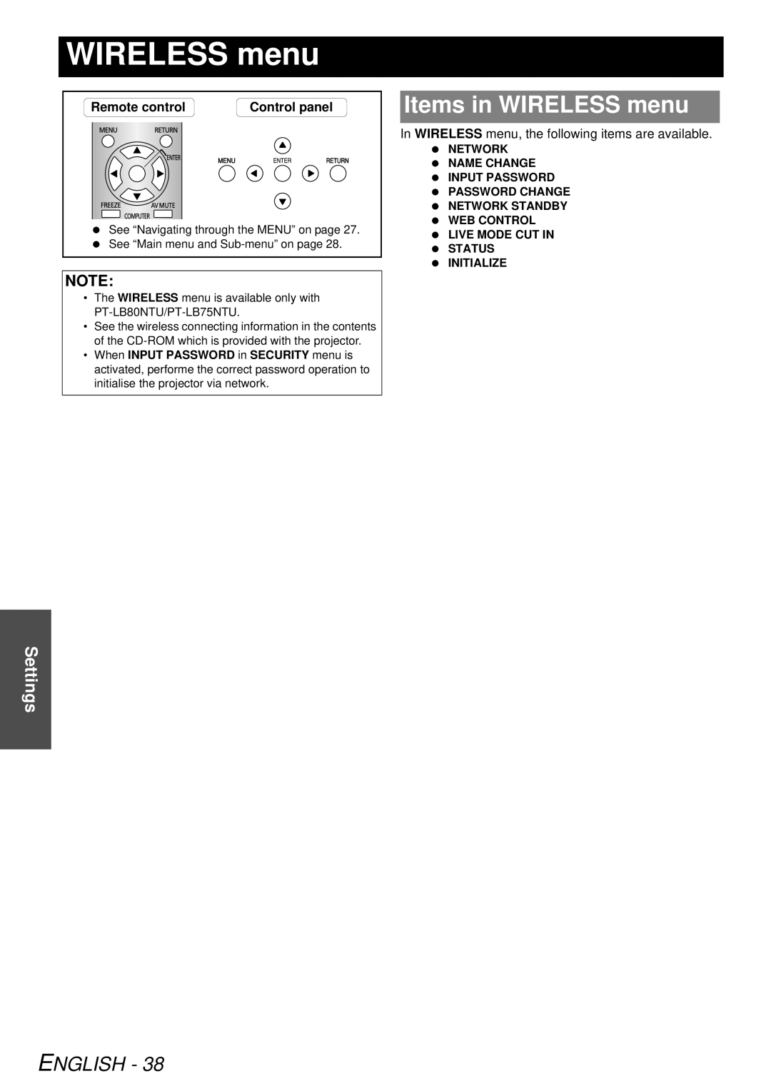 Panasonic PT-LB78U manual Items in Wireless menu, Wireless menu, the following items are available 