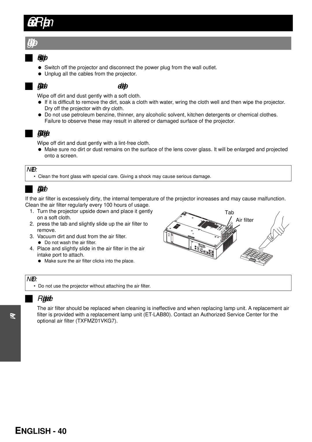 Panasonic PT-LB78U manual Care and Replacement, Cleaning the projector 