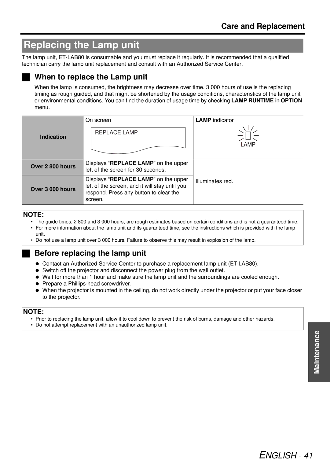 Panasonic PT-LB78U manual Replacing the Lamp unit, Care and Replacement, When to replace the Lamp unit 