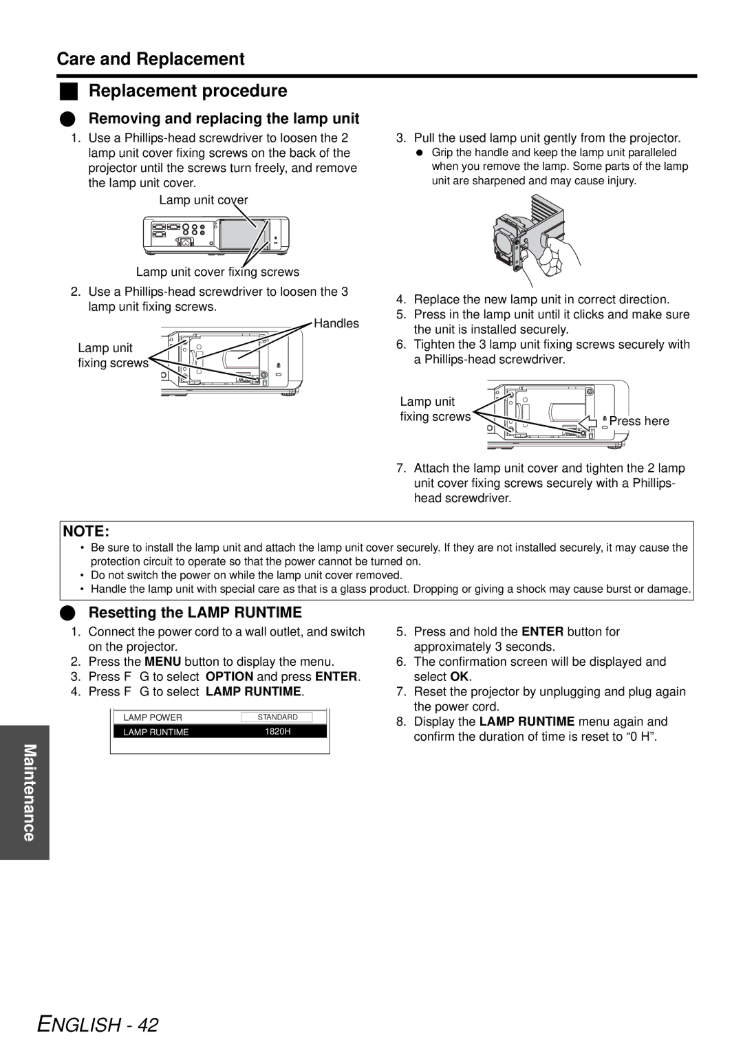 Panasonic PT-LB78U manual Care and Replacement Replacement procedure, Removing and replacing the lamp unit 