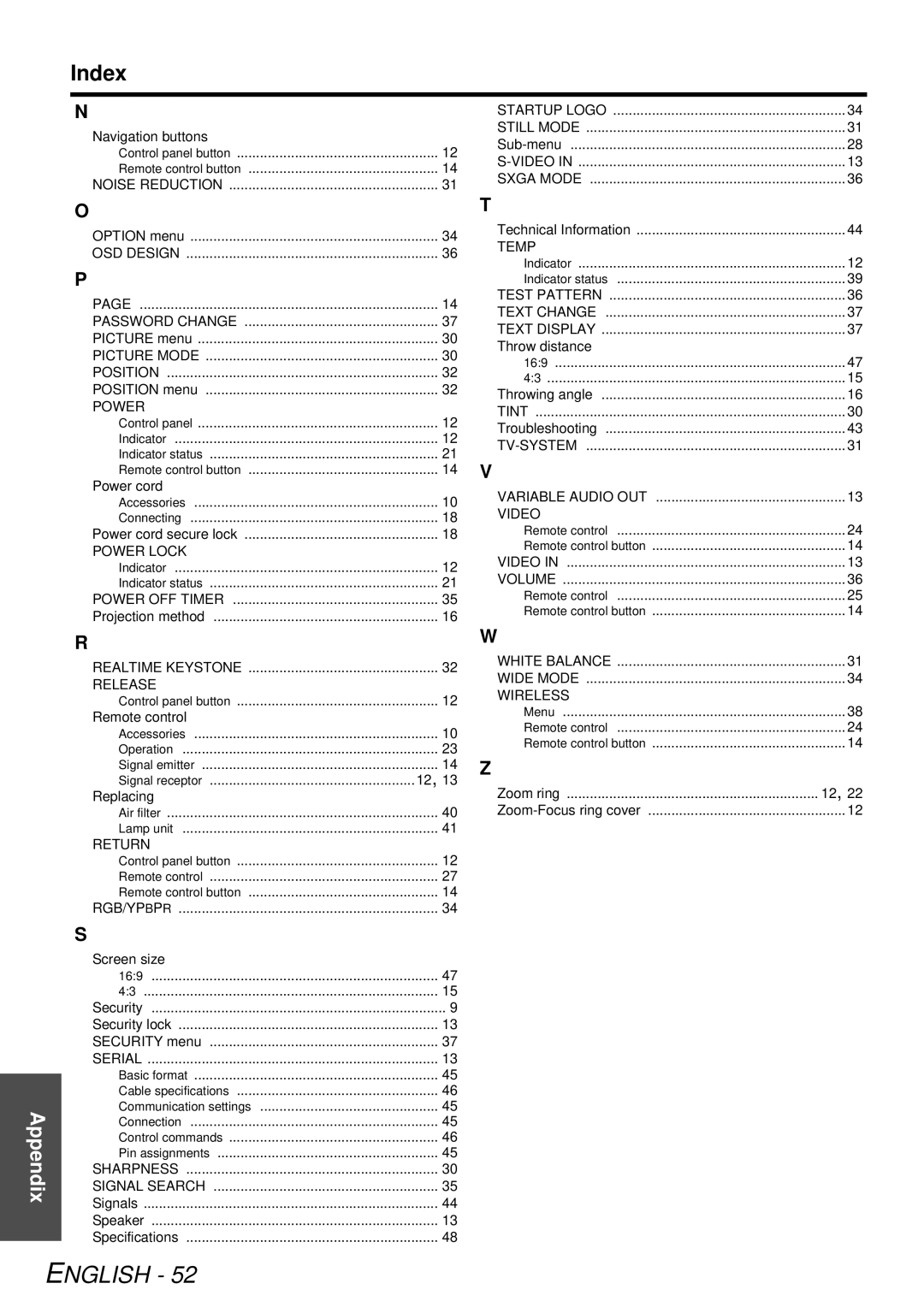 Panasonic PT-LB78U manual Index, Power 