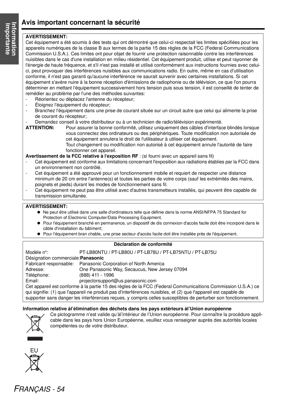 Panasonic PT-LB78U manual Avis important concernant la sécurité, Avertissement, Déclaration de conformité 