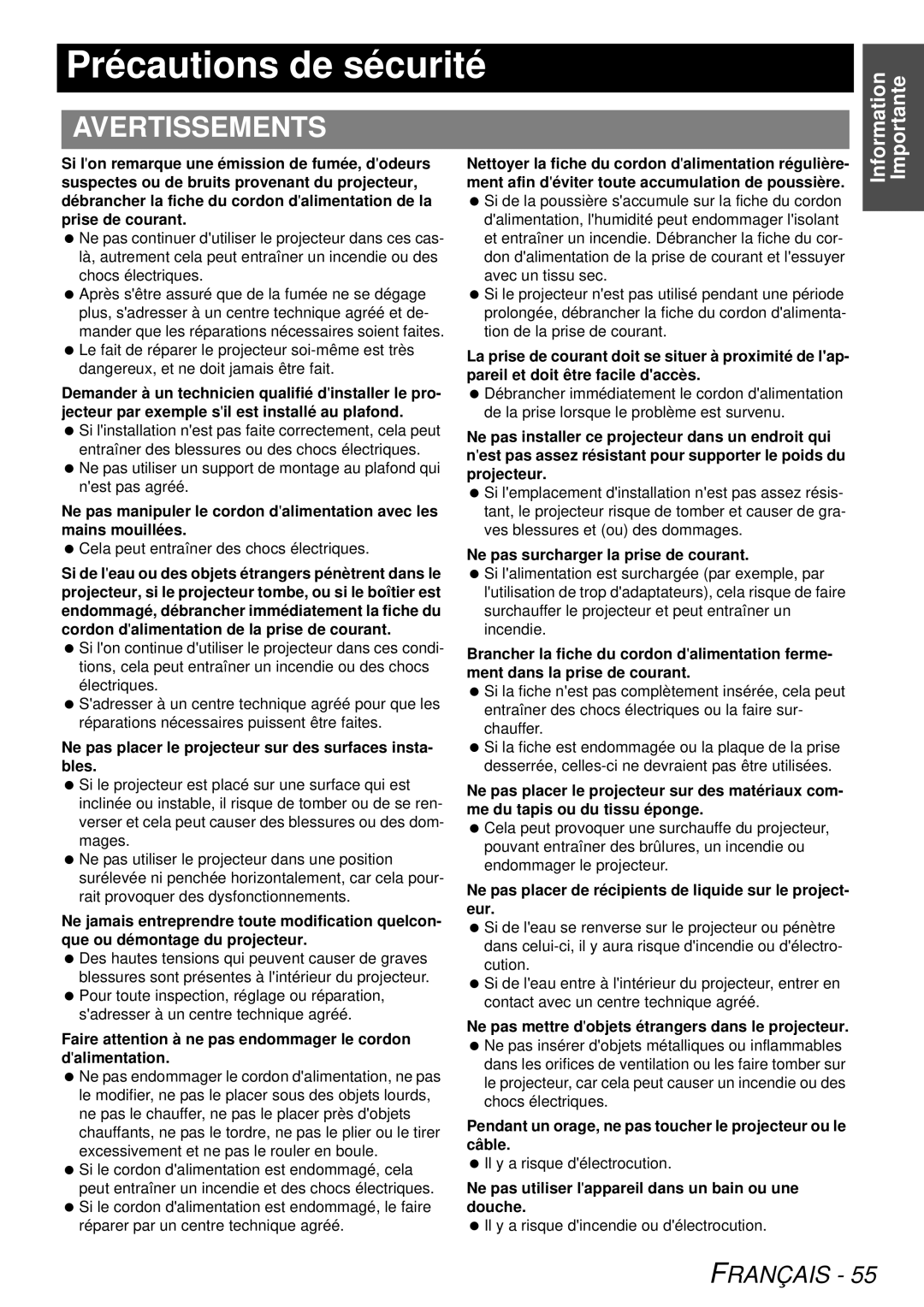 Panasonic PT-LB78U manual Précautions de sécurité, Avertissements 