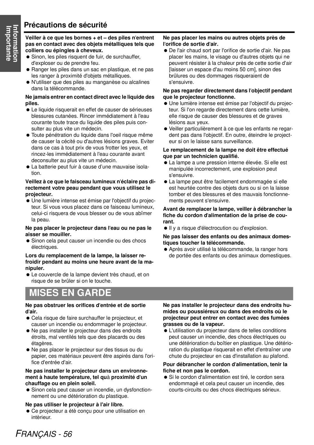 Panasonic PT-LB78U manual Mises EN Garde, Précautions de sécurité, Ne pas obstruer les orifices dentrée et de sortie dair 