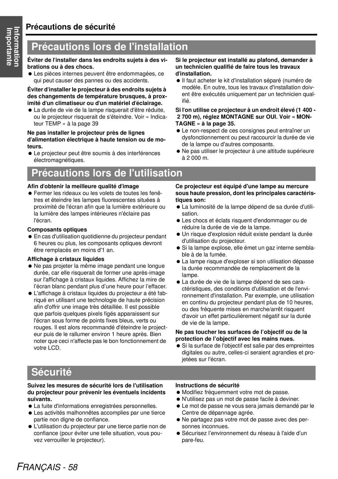 Panasonic PT-LB78U Précautions lors de linstallation, Précautions lors de lutilisation, Sécurité, Instructions de sécurité 