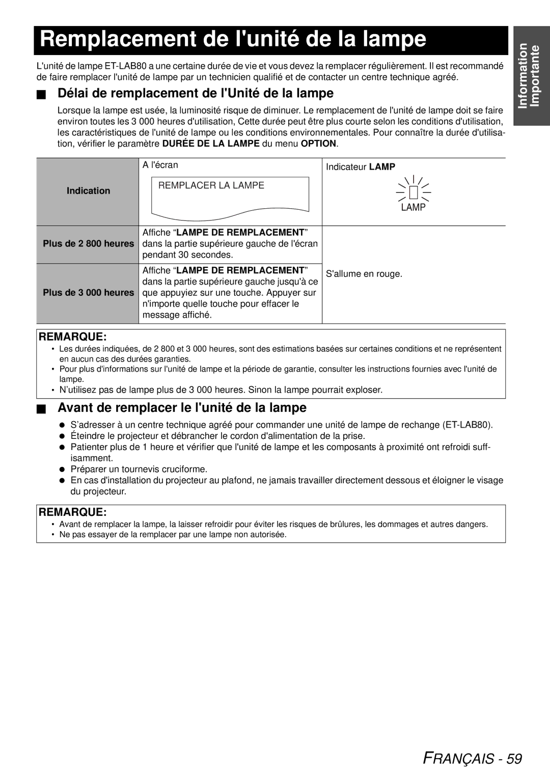 Panasonic PT-LB78U manual Remplacement de lunité de la lampe, Délai de remplacement de lUnité de la lampe 