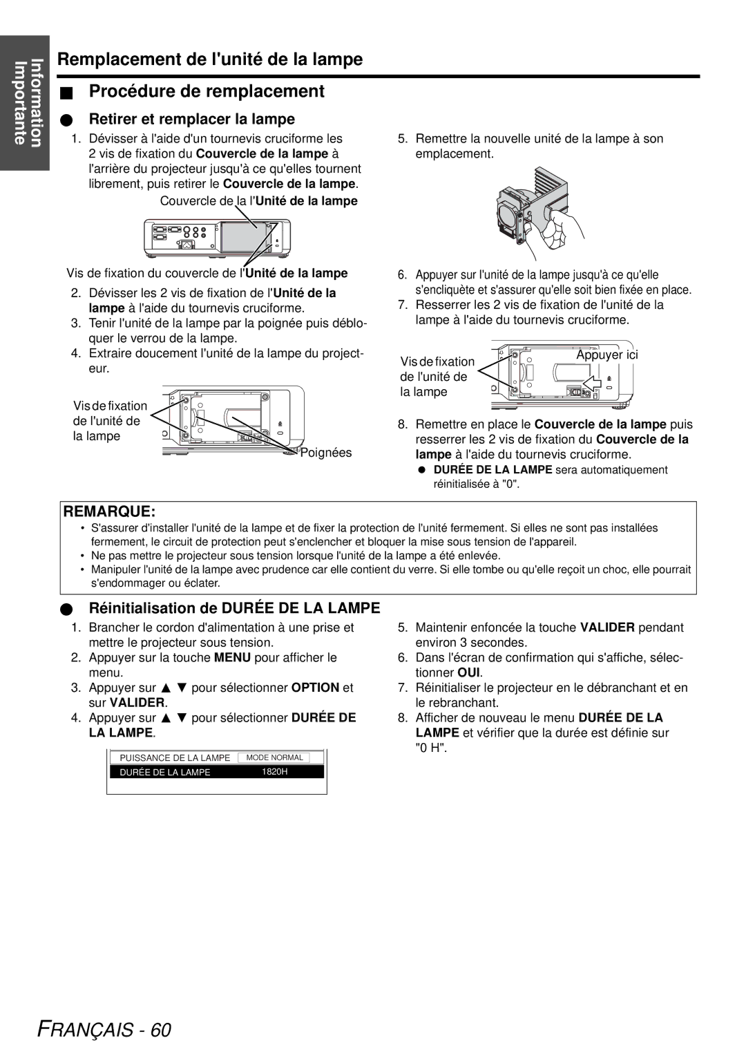 Panasonic PT-LB78U manual Retirer et remplacer la lampe, Réinitialisation de Durée DE LA Lampe, Sur Valider 