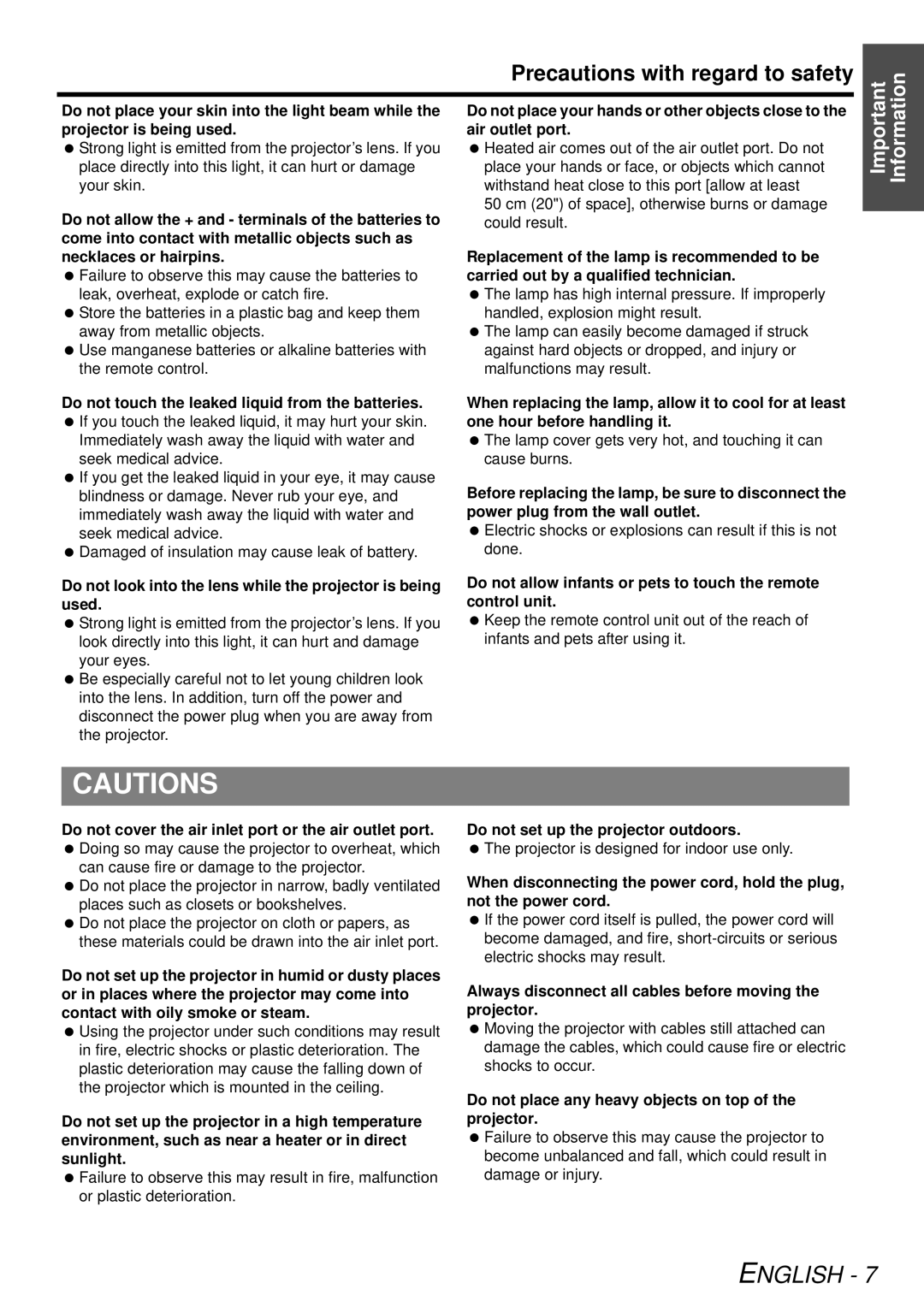 Panasonic PT-LB78U manual Precautions with regard to safety, Do not look into the lens while the projector is being used 