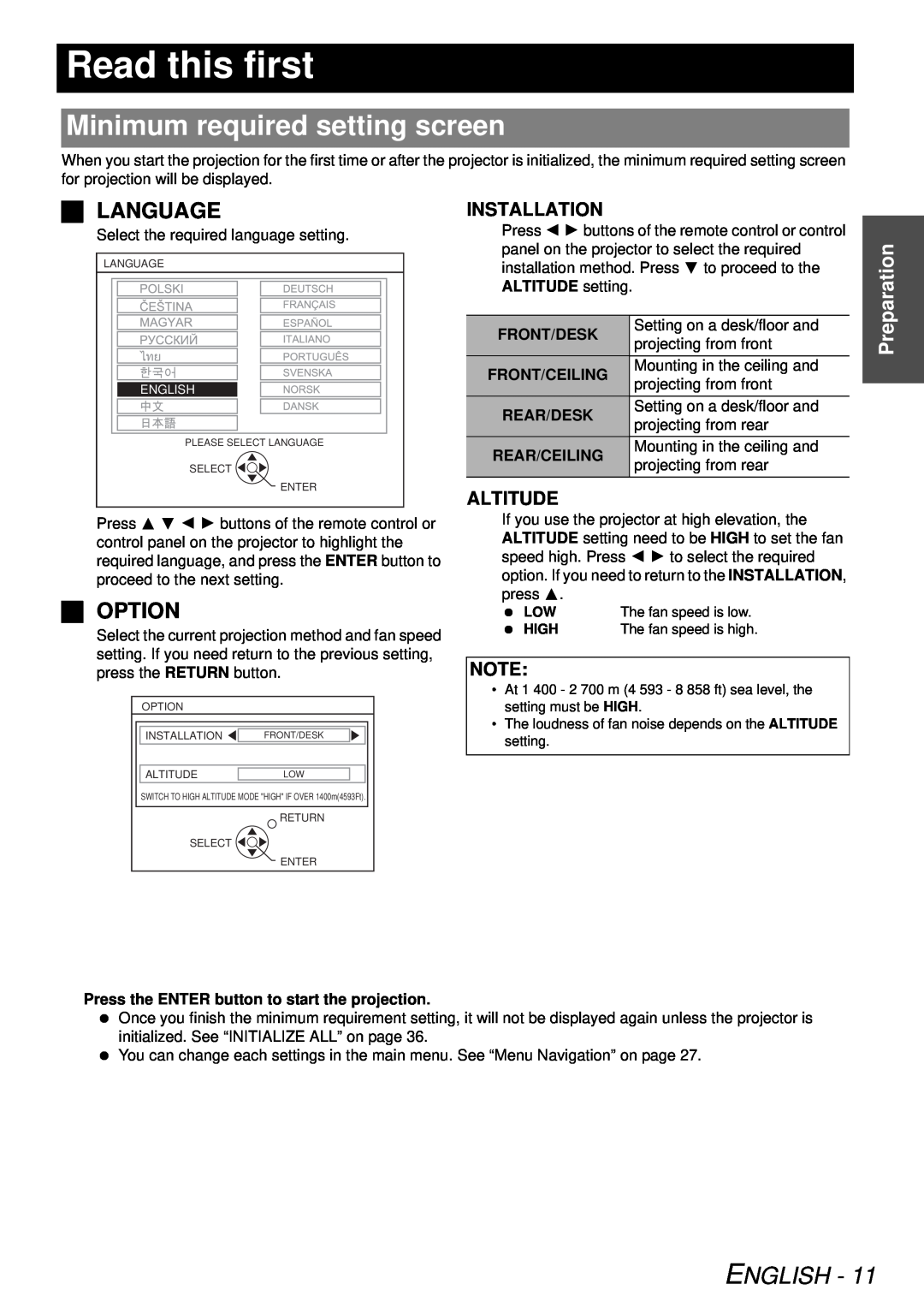 Panasonic PT-LB78U manual Read this first, Minimum required setting screen, Language, Option, Preparation, English 