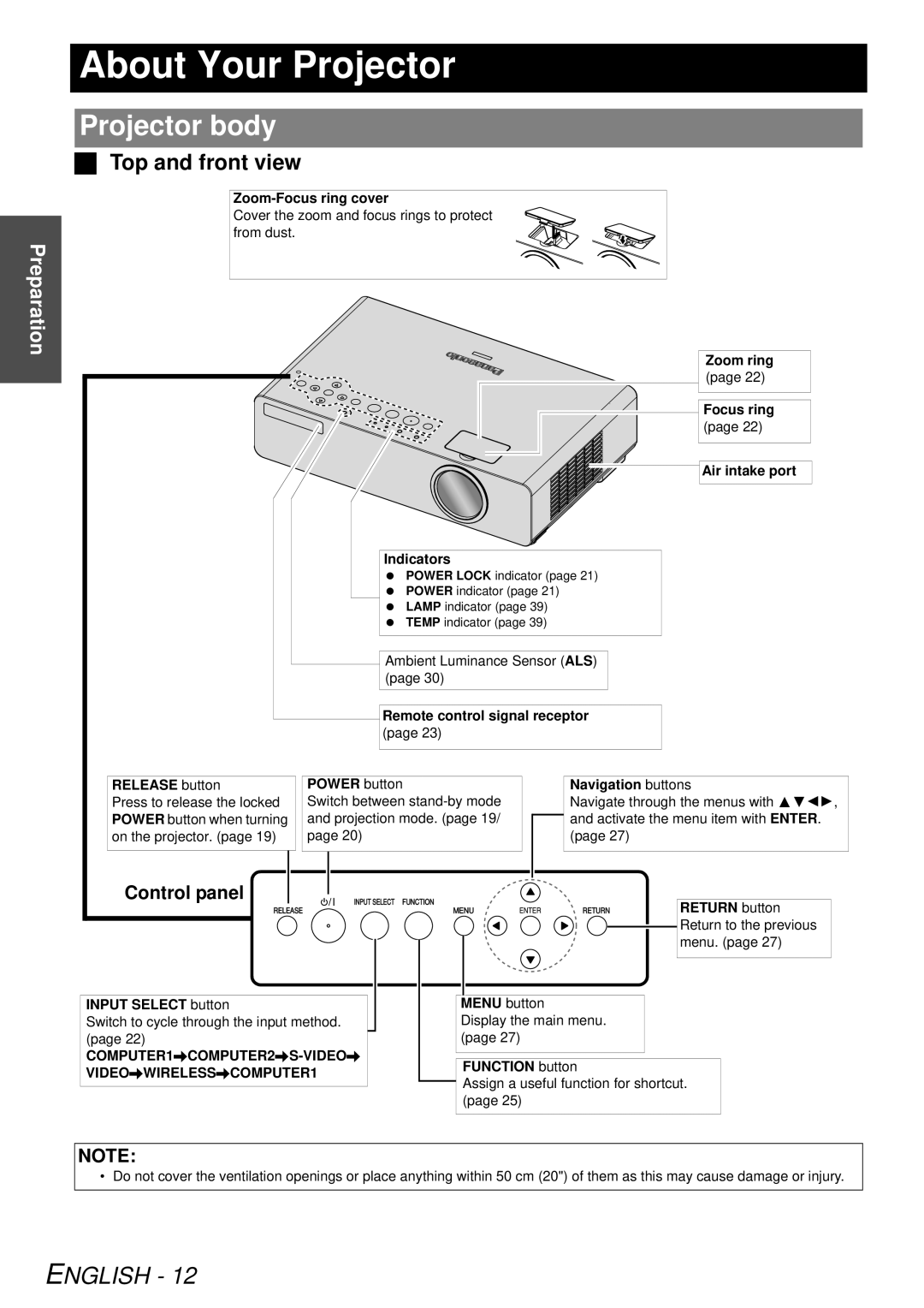 Panasonic PT-LB78U manual About Your Projector, Projector body, Top and front view, English, Preparation 
