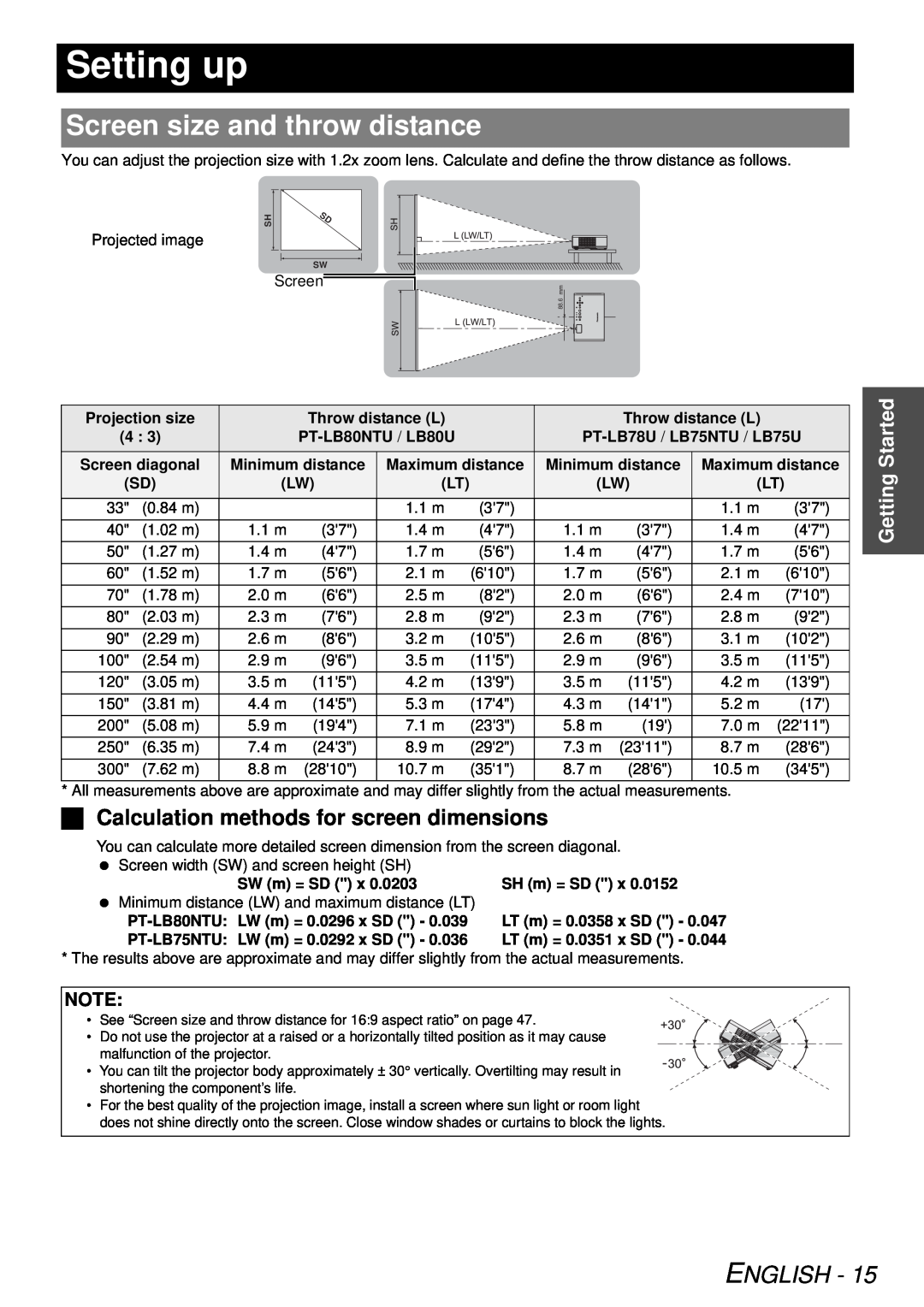 Panasonic PT-LB78U Setting up, Screen size and throw distance, Calculation methods for screen dimensions, Started, English 