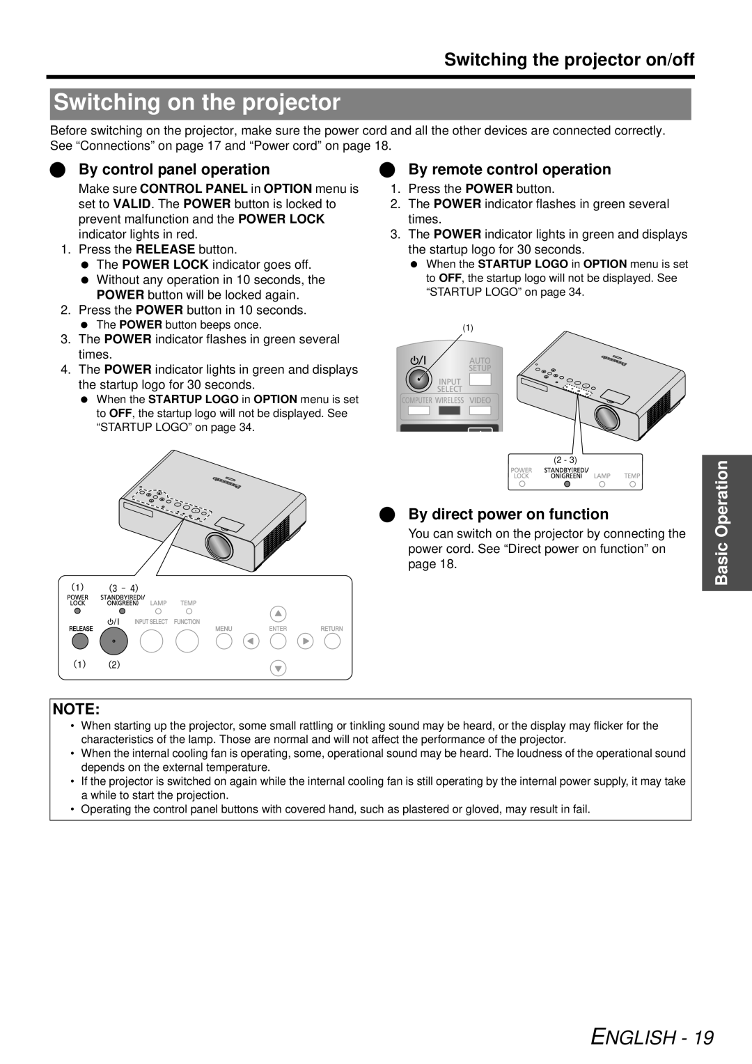 Panasonic PT-LB78U manual Switching on the projector, Switching the projector on/off, English, Basic Operation 