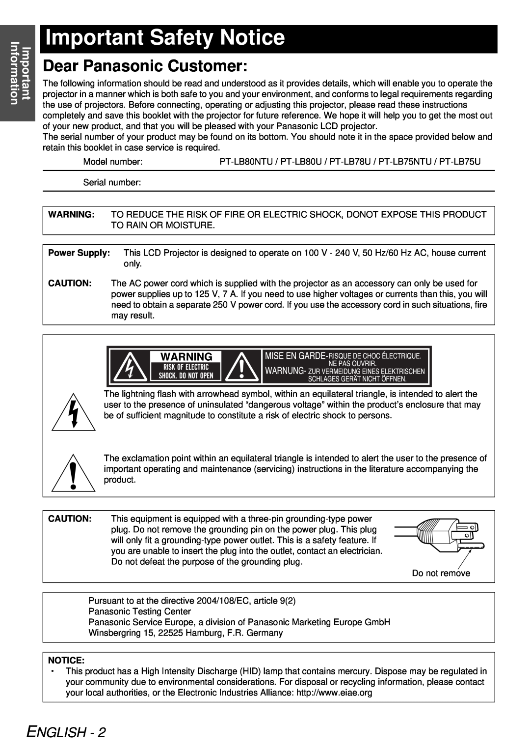 Panasonic PT-LB78U manual Important Safety Notice, Dear Panasonic Customer, English, Important Information 