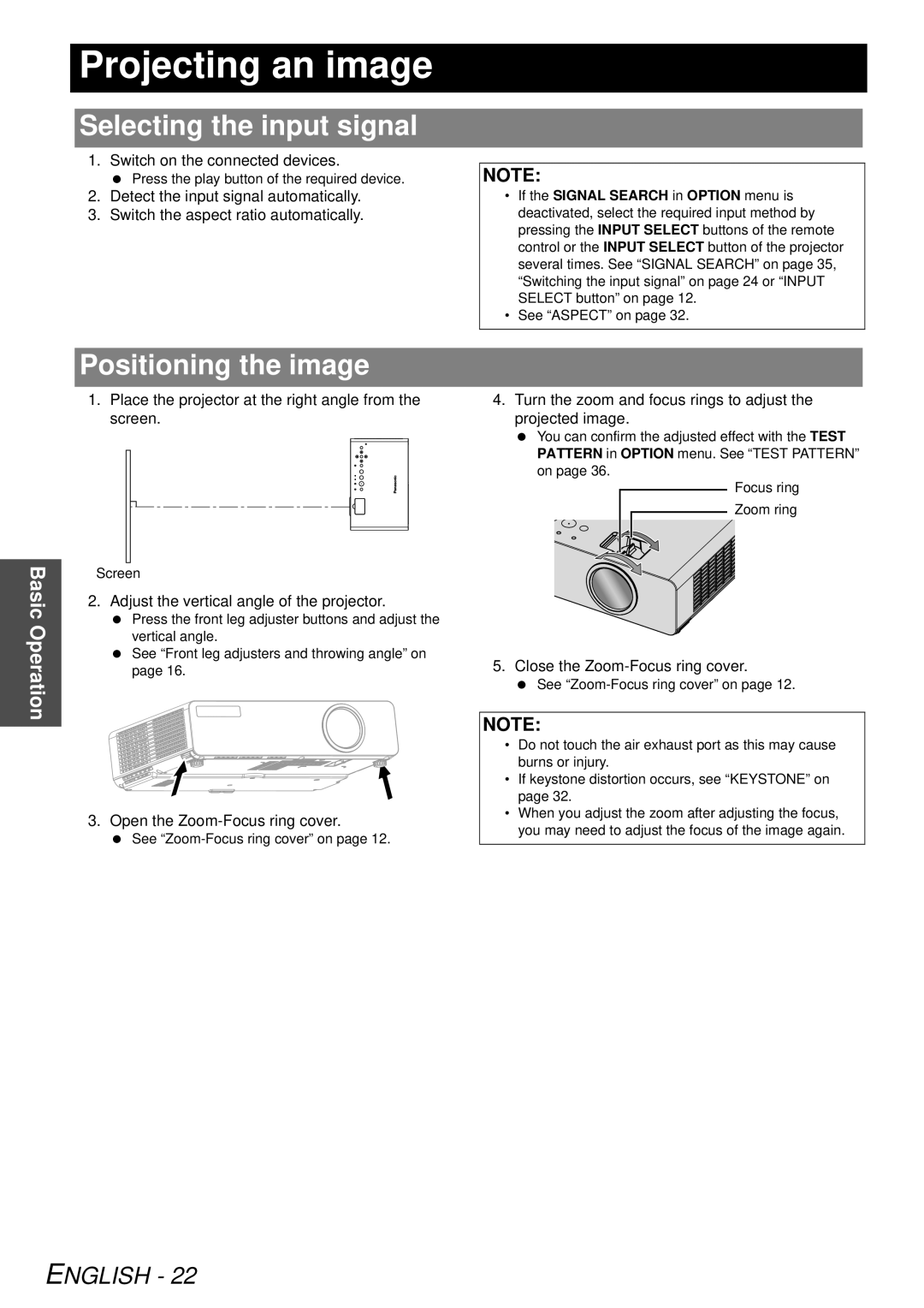 Panasonic PT-LB78U manual Projecting an image, Selecting the input signal, Positioning the image, English, Basic Operation 