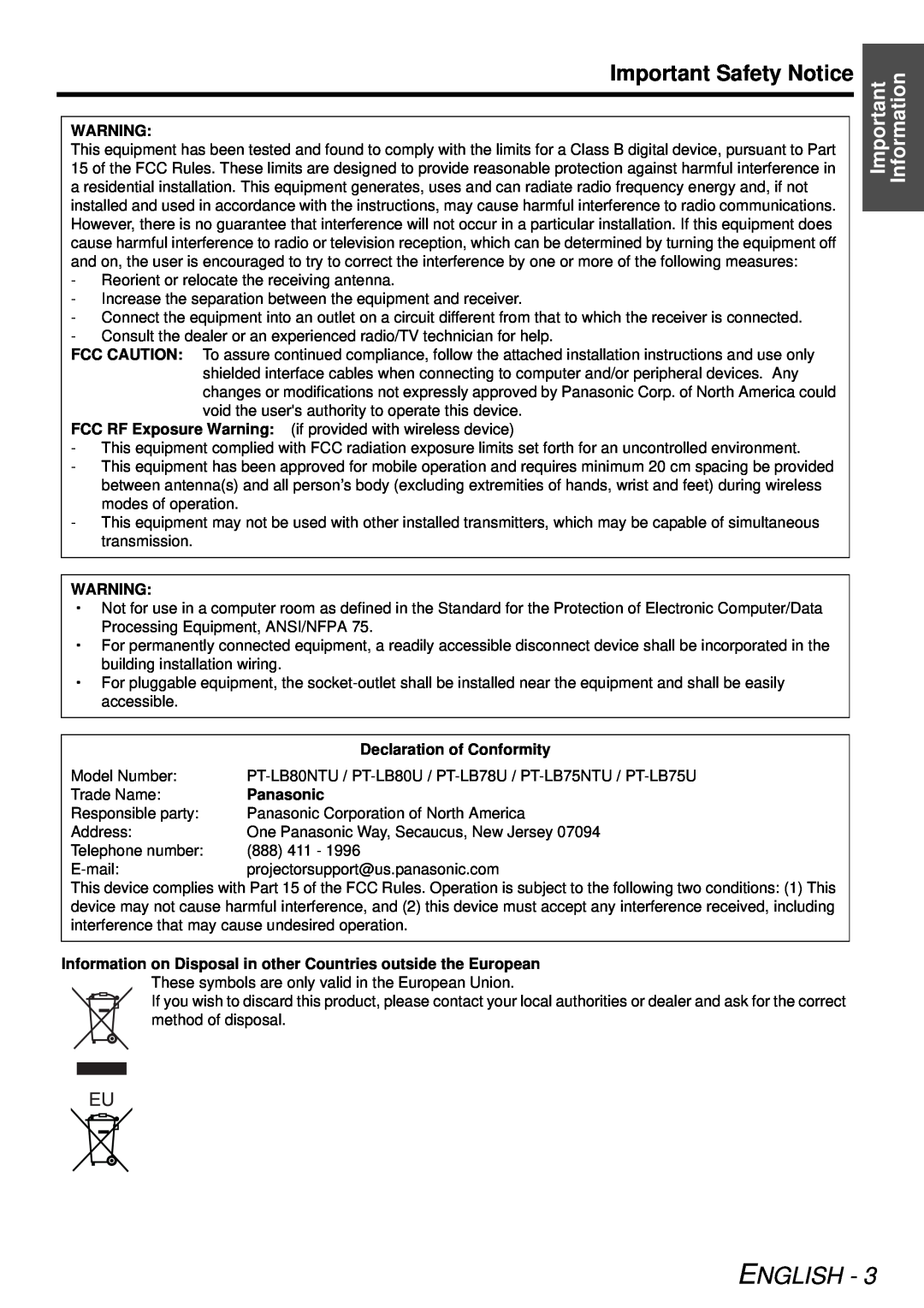 Panasonic PT-LB78U manual Important Safety Notice, English, Important Information, Declaration of Conformity, Panasonic 