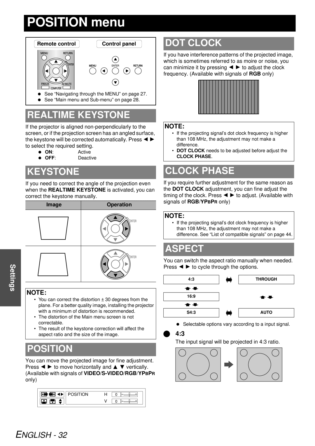 Panasonic PT-LB78U manual POSITION menu, Dot Clock, Realtime Keystone, Position, Clock Phase, Aspect, English, Settings 