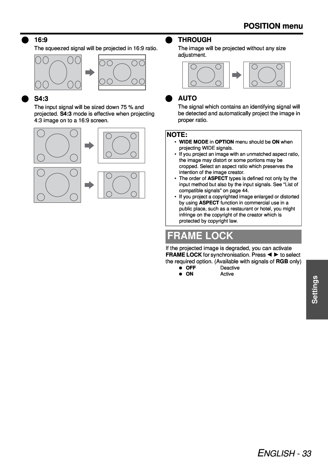 Panasonic PT-LB78U manual Frame Lock, POSITION menu, English, Settings 