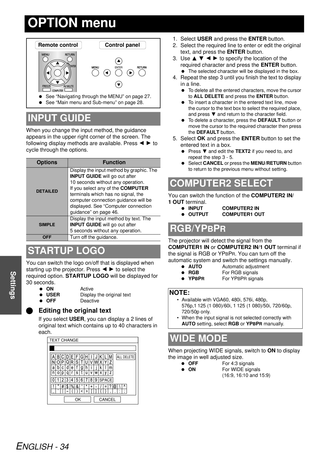 Panasonic PT-LB78U manual OPTION menu, Input Guide, Startup Logo, COMPUTER2 SELECT, Rgb/Ypbpr, Wide Mode, English, Settings 