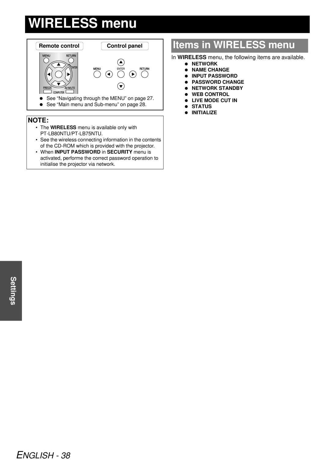 Panasonic PT-LB78U manual Items in WIRELESS menu, English, Settings 
