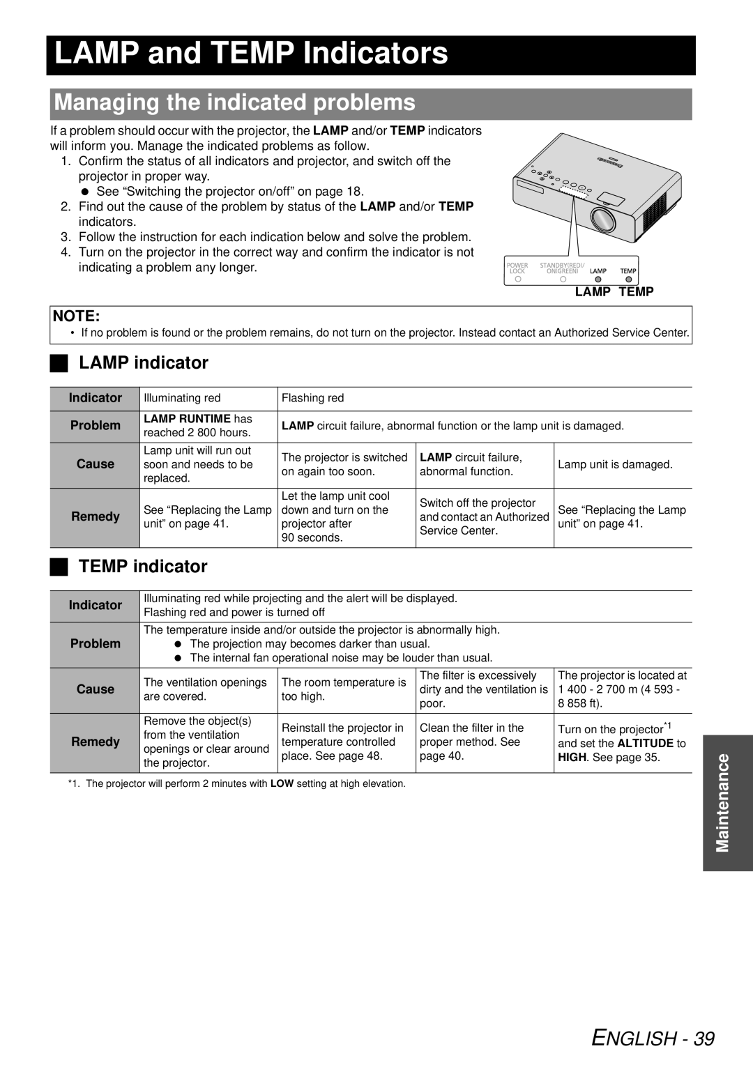 Panasonic PT-LB78U LAMP and TEMP Indicators, Managing the indicated problems, LAMP indicator, TEMP indicator, English 
