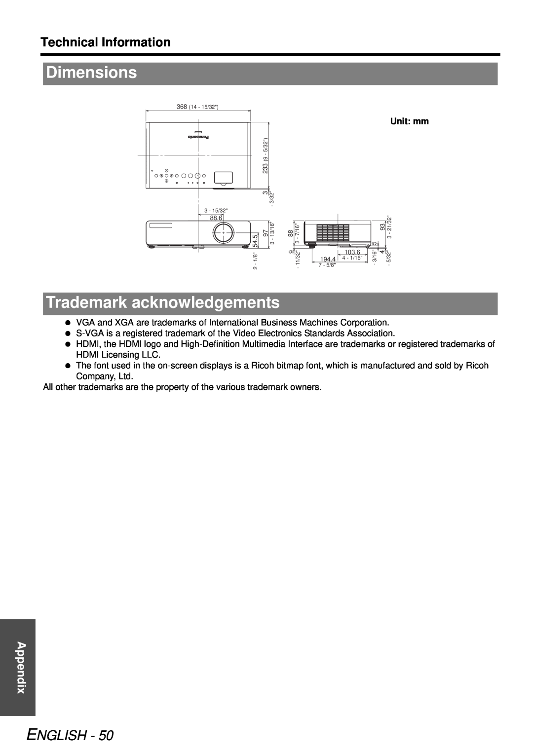 Panasonic PT-LB78U manual Dimensions, Trademark acknowledgements, English, Technical Information, Appendix 