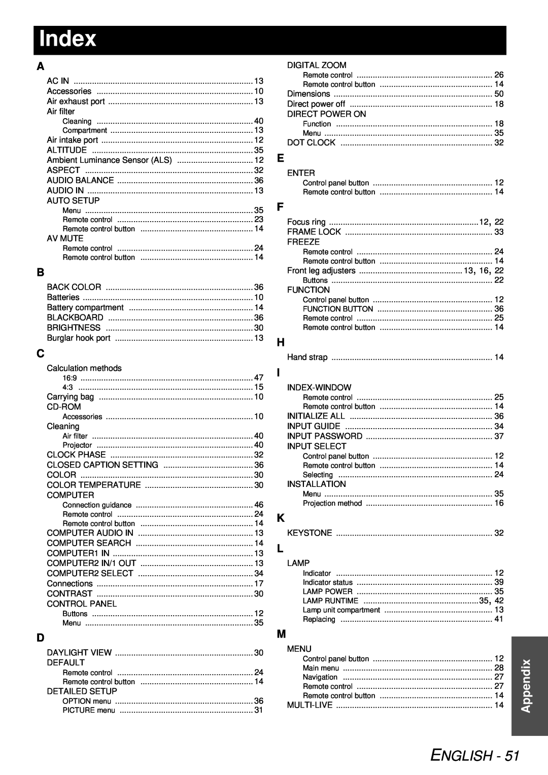 Panasonic PT-LB78U manual Index, English, Appendix 