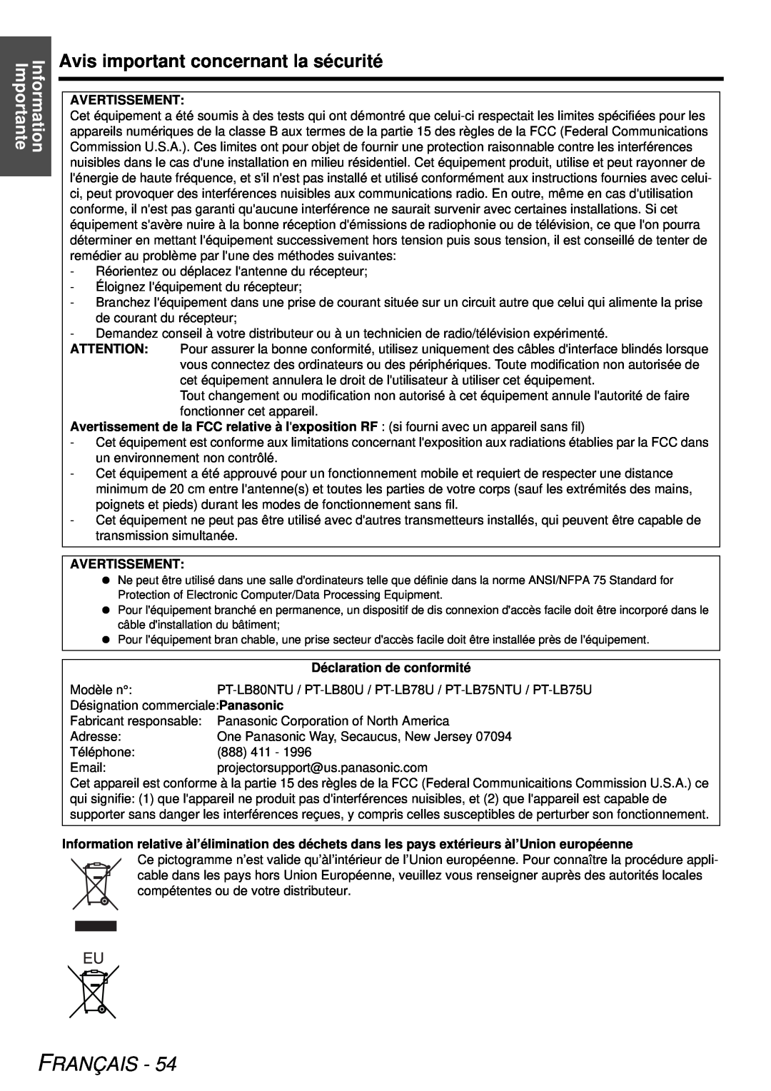 Panasonic PT-LB78U manual Avis important concernant la sécurité, Français, Information Importante 