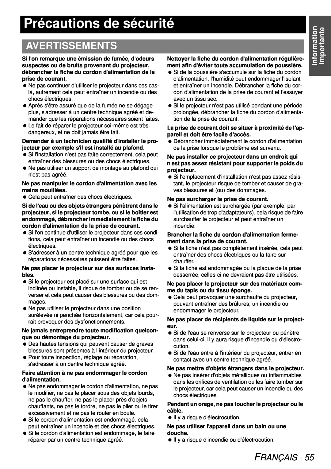 Panasonic PT-LB78U manual Précautions de sécurité, Avertissements, Français, Information Importante 