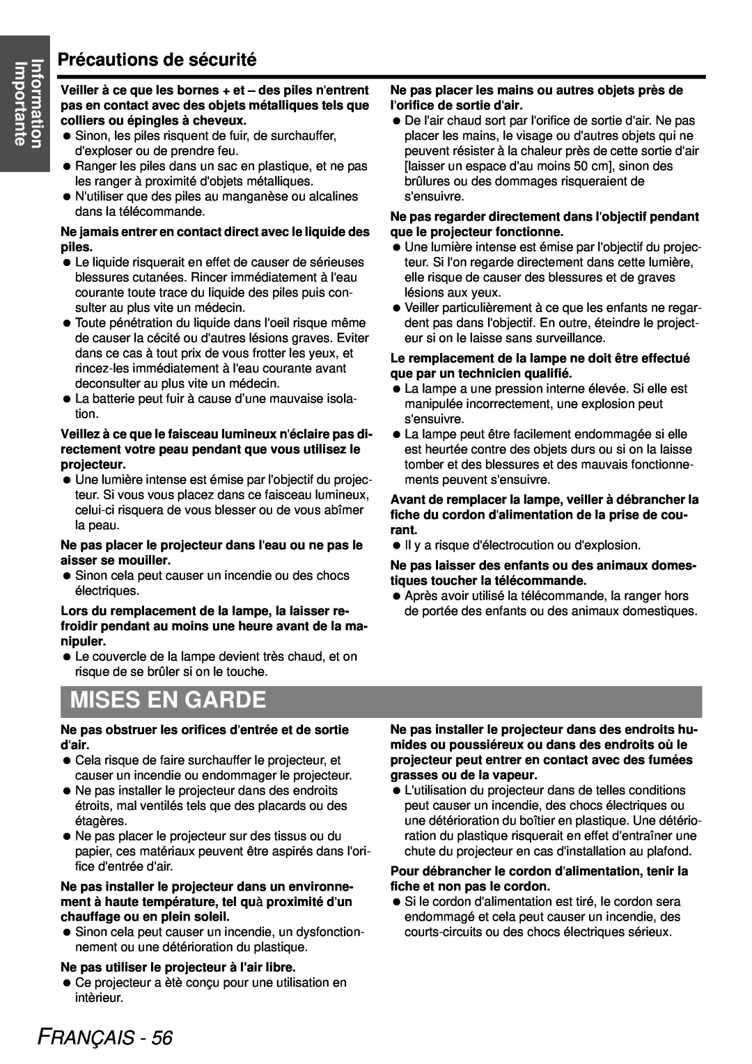 Panasonic PT-LB78U manual Mises En Garde, Précautions de sécurité, Français, Information Importante 