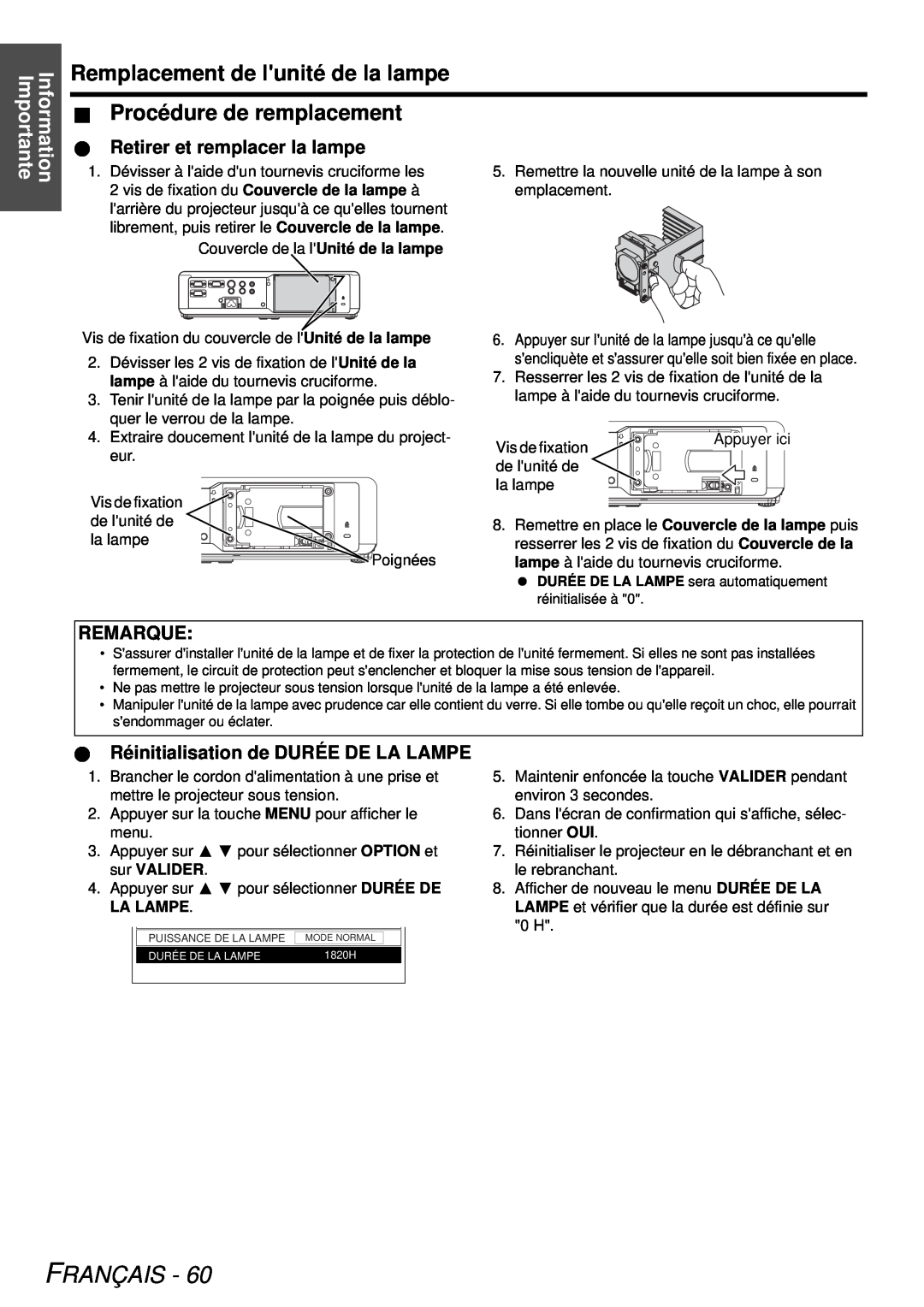 Panasonic PT-LB78U manual Remplacement de lunité de la lampe Procédure de remplacement, Français, sur VALIDER, La Lampe 