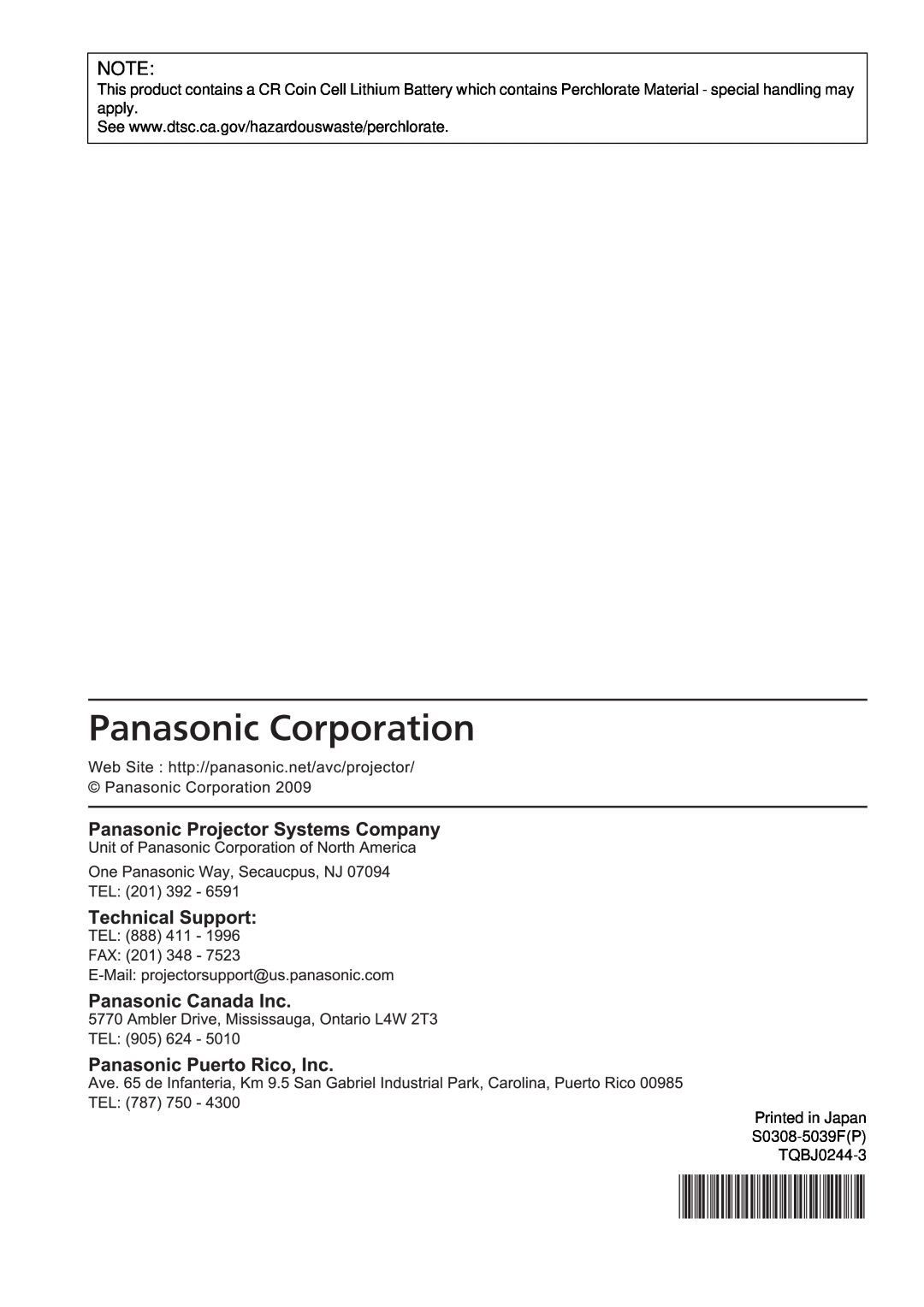 Panasonic PT-LB78U manual Printed in Japan S0308-5039FP TQBJ0244-3 