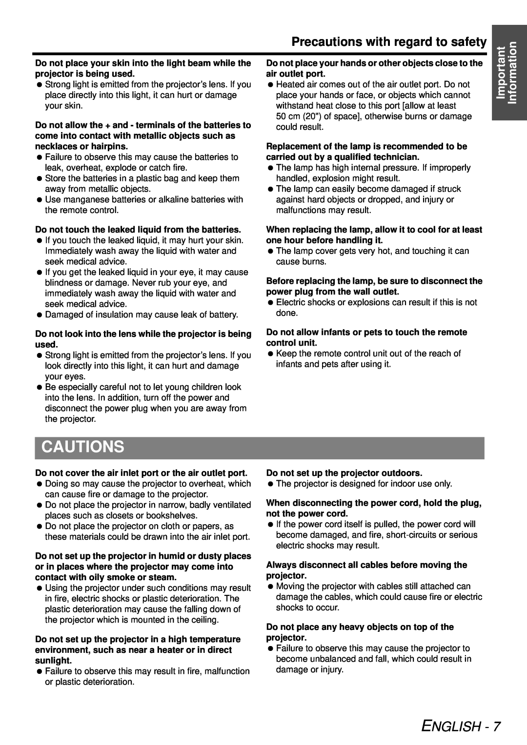 Panasonic PT-LB78U manual Cautions, Precautions with regard to safety, English 