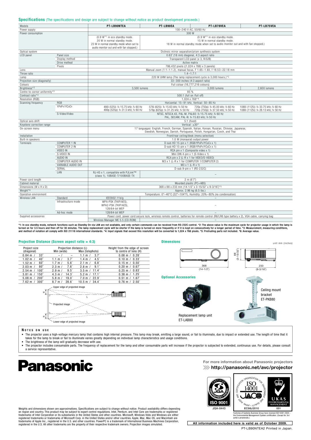 Panasonic PT-LB90EA http//panasonic.net/avc/projector, Projection Distance Screen aspect ratio =, Dimensions, PT-LB90NTEA 