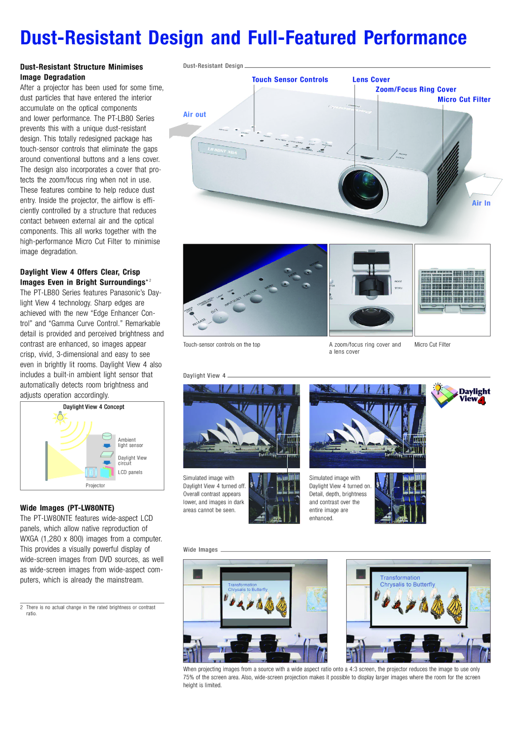 Panasonic PT-LB80 Series manual Dust-Resistant Design and Full-Featured Performance, Daylight View 4 Offers Clear, Crisp 