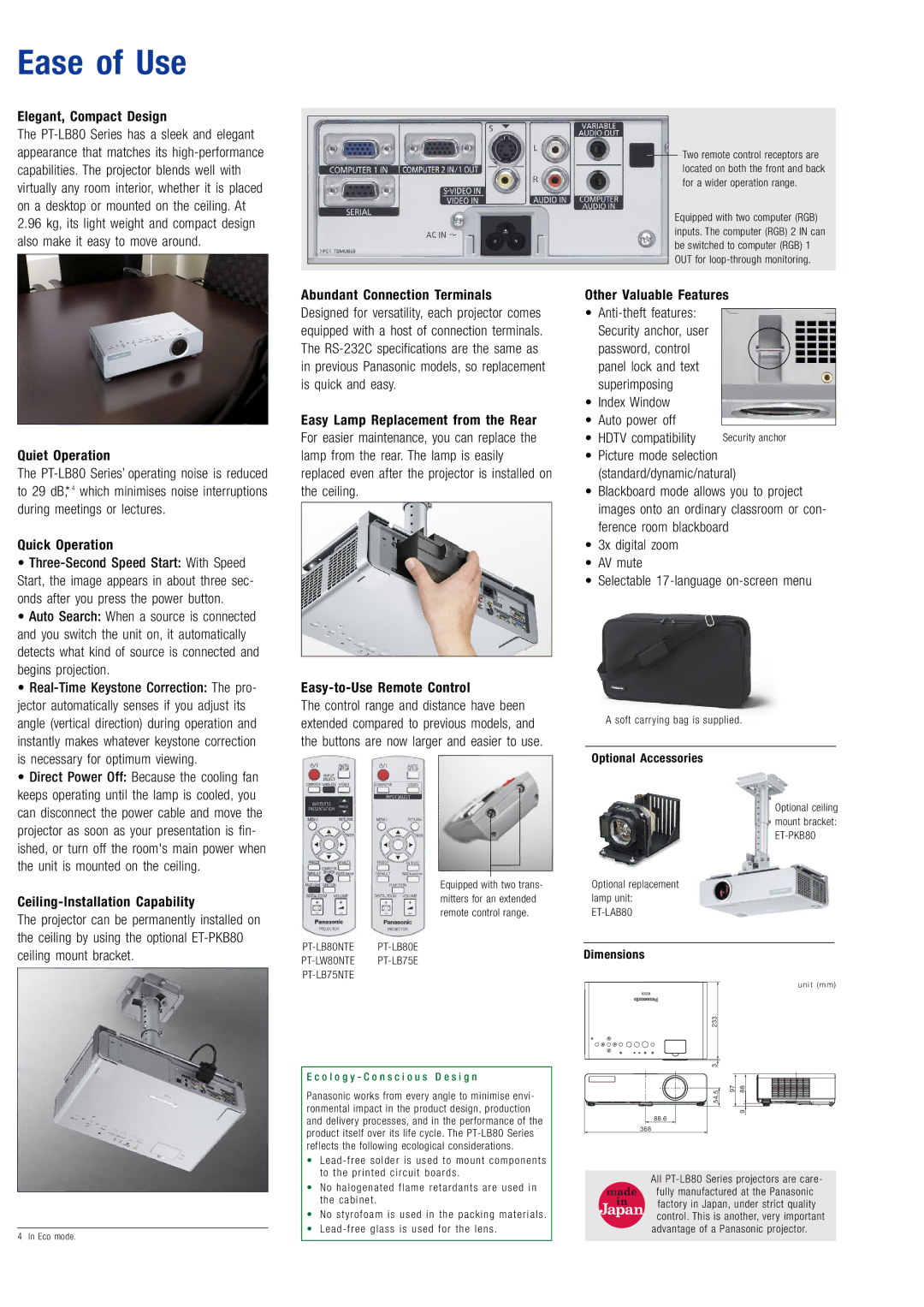 Panasonic PT-LB80 Series manual Ease of Use 