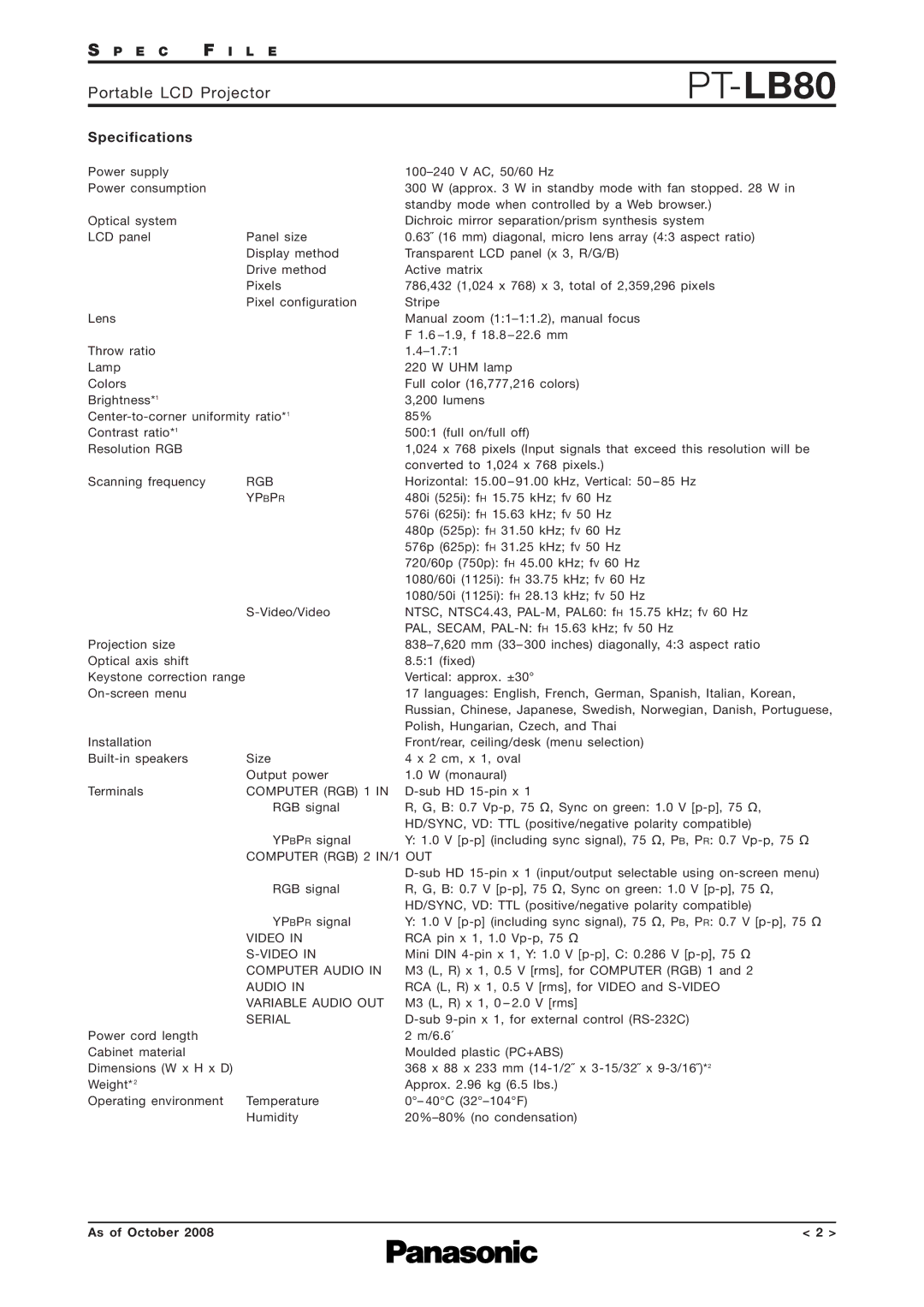 Panasonic PT-LB80 specifications Specifications 