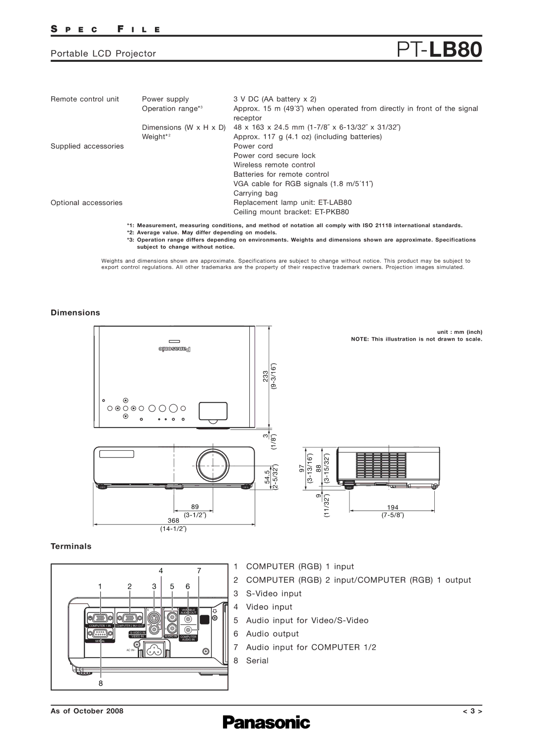 Panasonic PT-LB80 specifications Dimensions, Terminals 