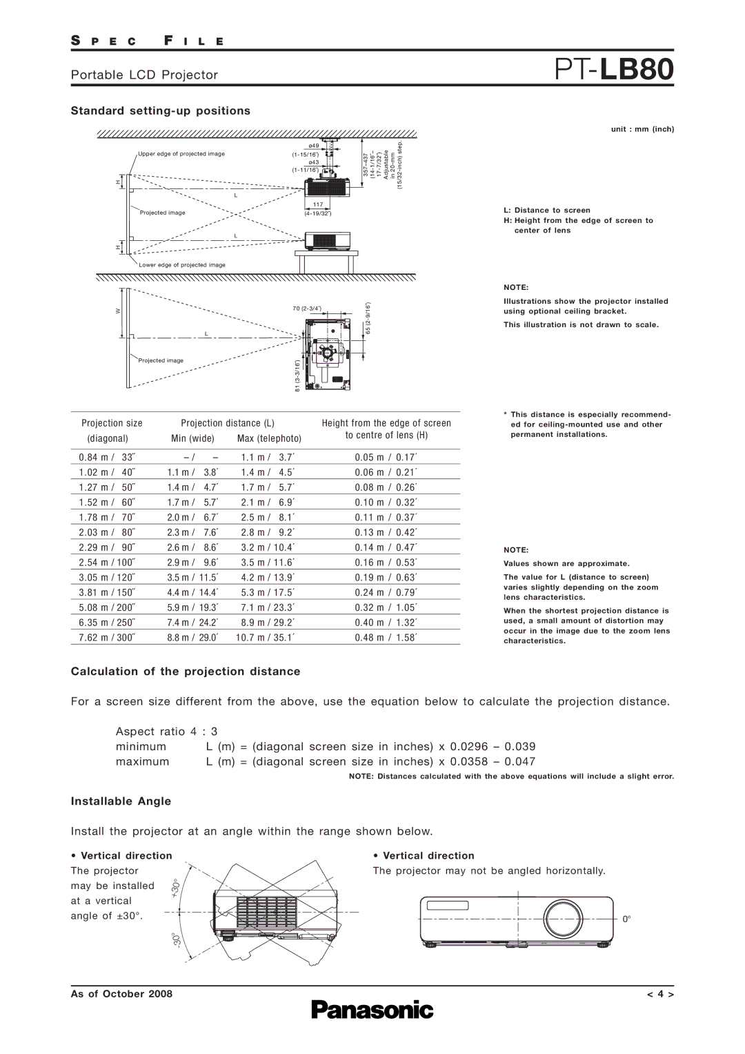 Panasonic PT-LB80 specifications Standard setting-up positions, Calculation of the projection distance, Installable Angle 