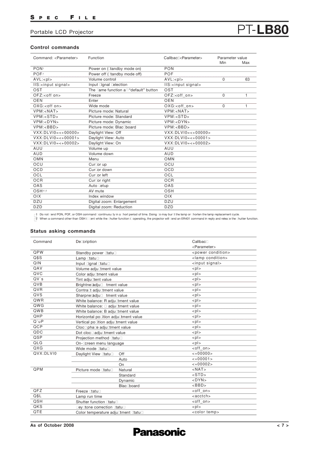 Panasonic PT-LB80 specifications Control commands, Status asking commands 