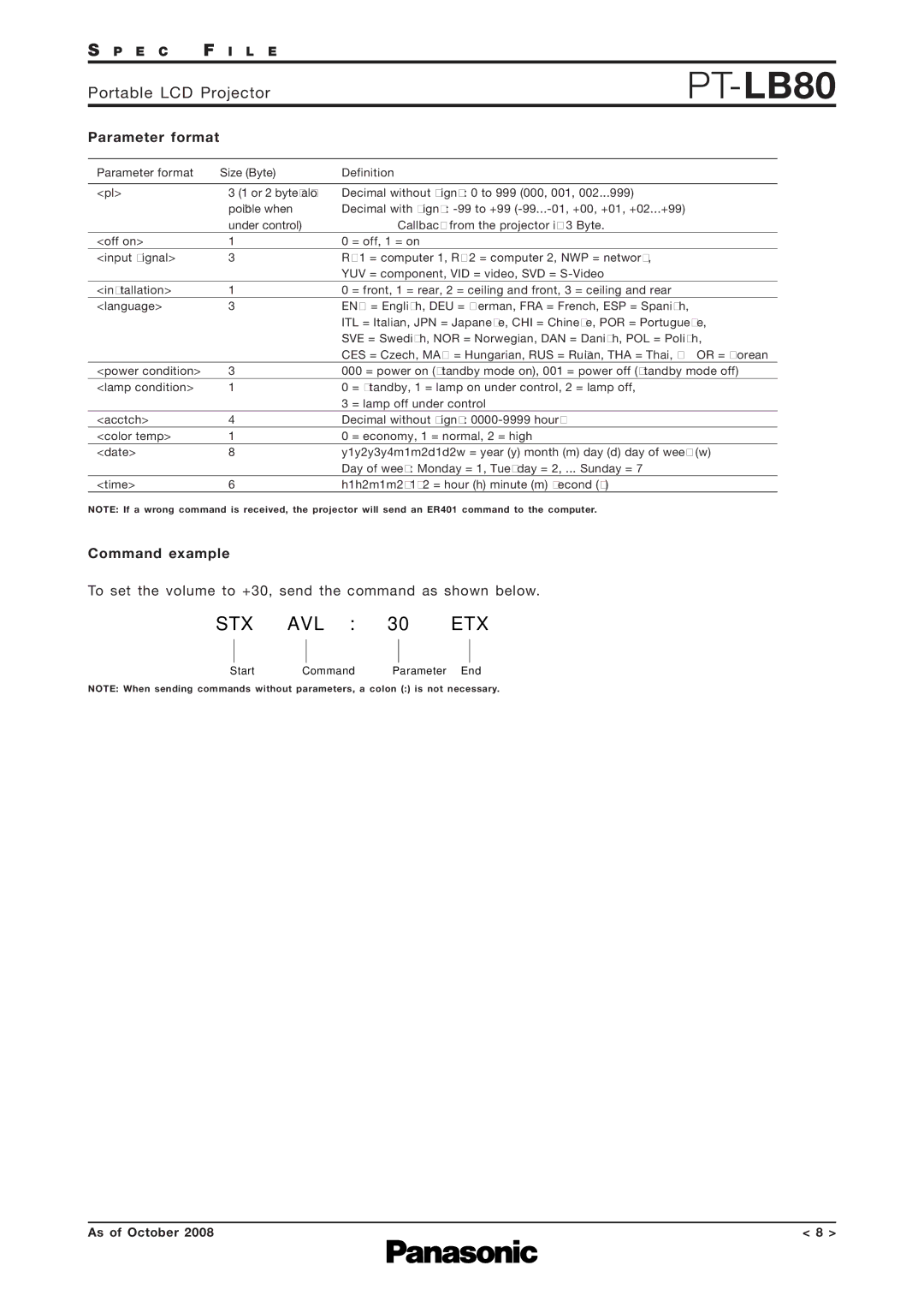 Panasonic PT-LB80 specifications Parameter format, Command example 