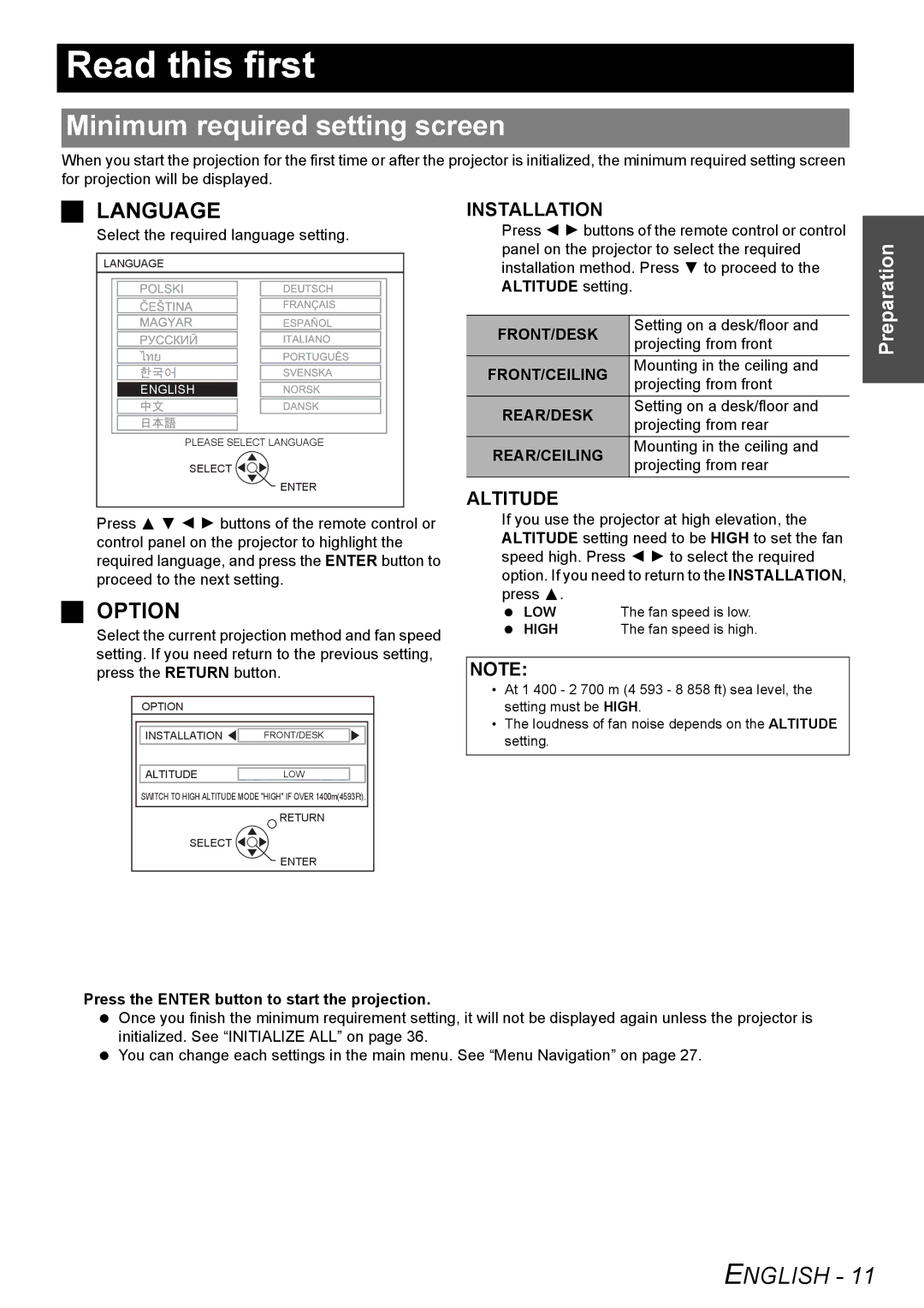 Panasonic PT-LB80U, PT-LB80NTU manual Read this first, Minimum required setting screen, Preparation 