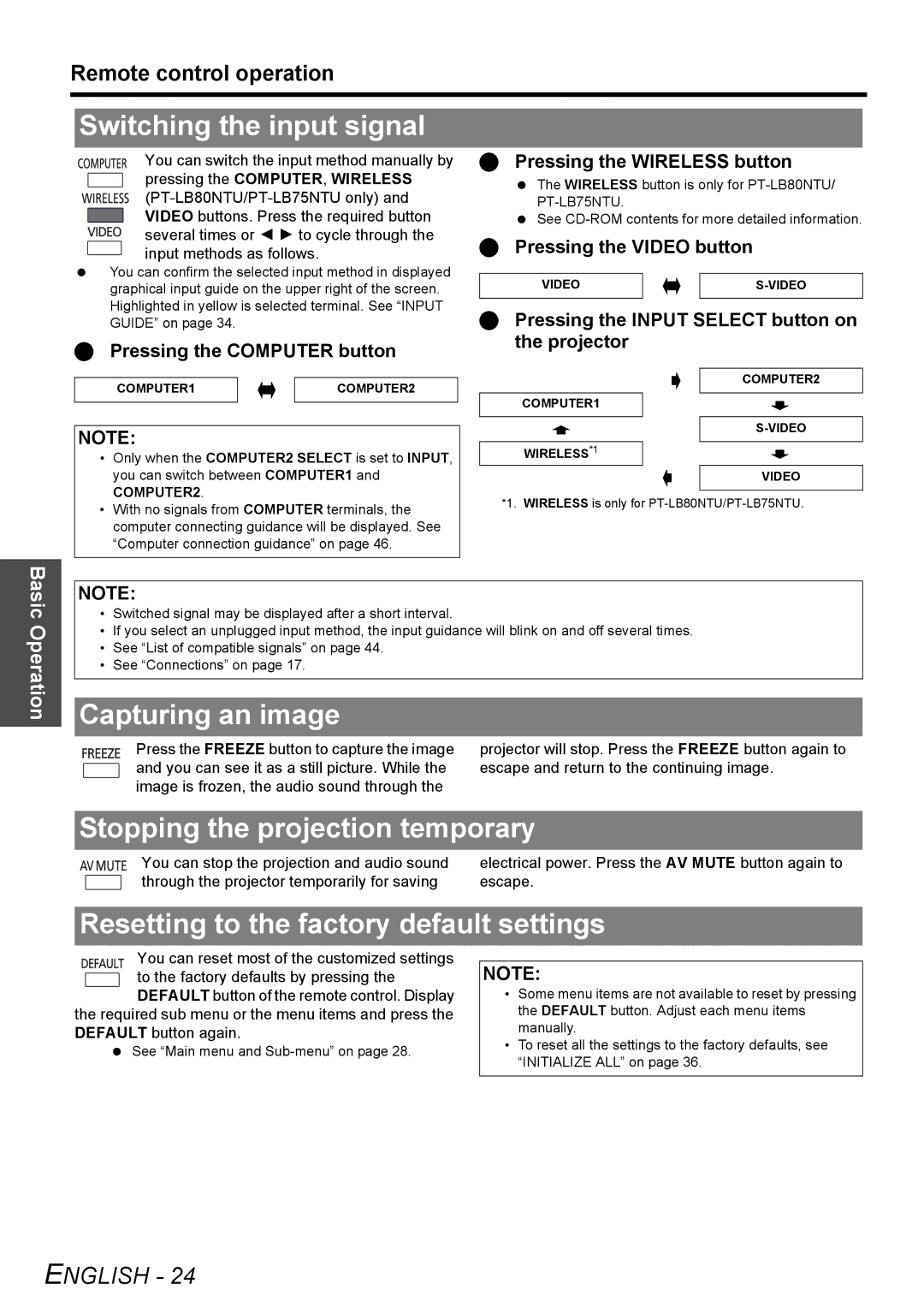 Panasonic PT-LB80NTU, PT-LB80U manual Switching the input signal, Capturing an image, Stopping the projection temporary 